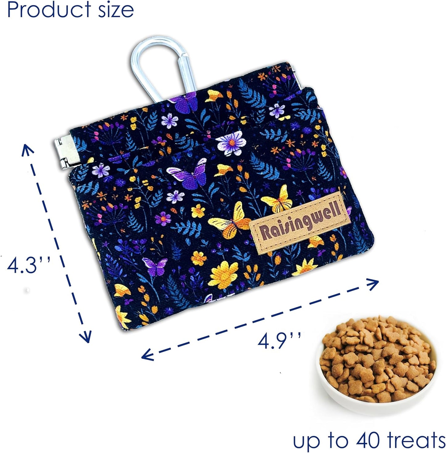 Dog Treat Pouch, Pocket Sized Pet Training Pouch, Cotton Fabric, Hand Free Purple Flower Dog Walking Bag with Carabiner, Self-Closing Pet Feed Snack Reward, for Puppy Travel or Outdoor Use