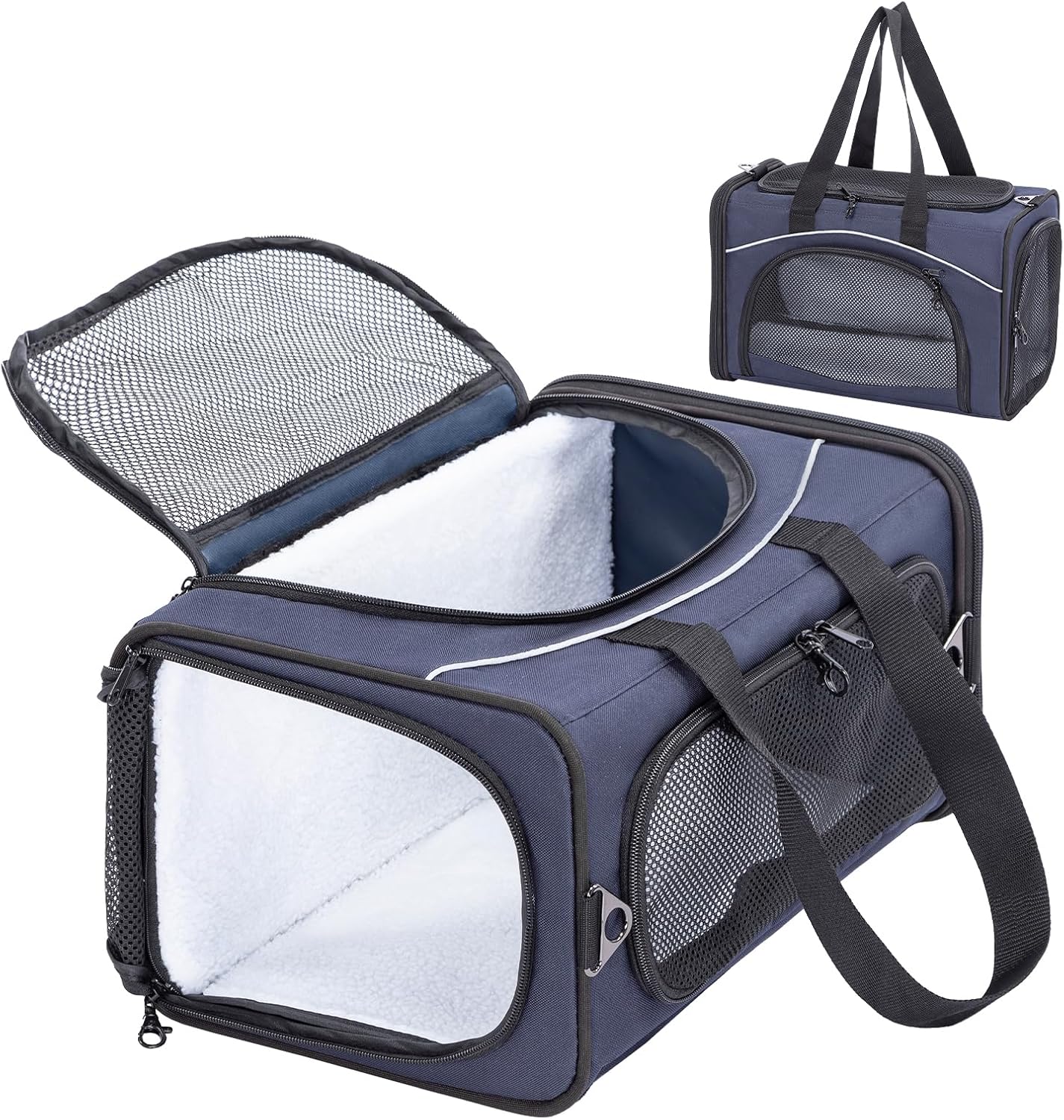 Petsfit Airline Approved Pet Carrier for Small Cats, 16.5x8.6x11 TSA Approved Carrier, with Removable Dual-Sided Padding (2-Way Placement) - Fits Under Most Airplane Seats, Escape Proof (Navy)