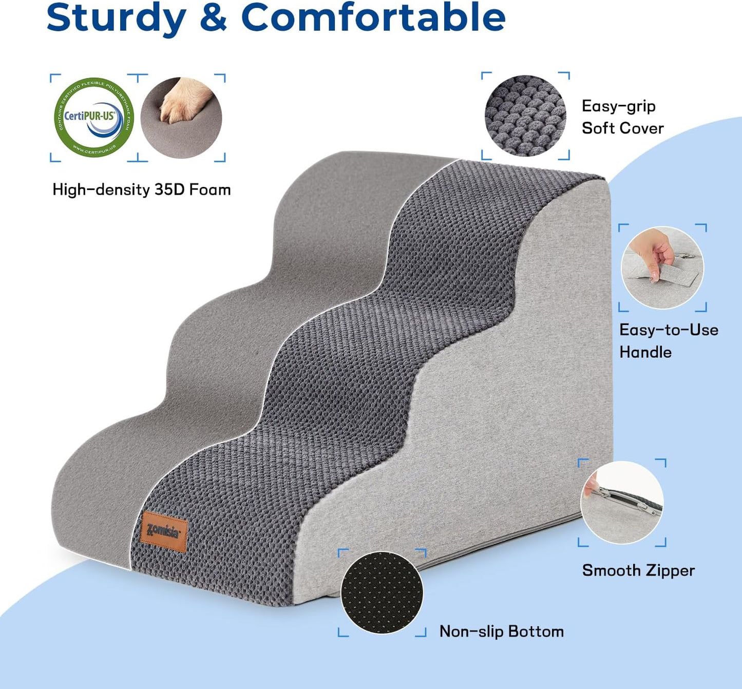 Pet Stairs for Small Dogs 15.7" H - Dog Stairs for Couch and Bed, 35D Foam Dog Steps Ramp with Non-Slip Bottom Grey, 3 Steps