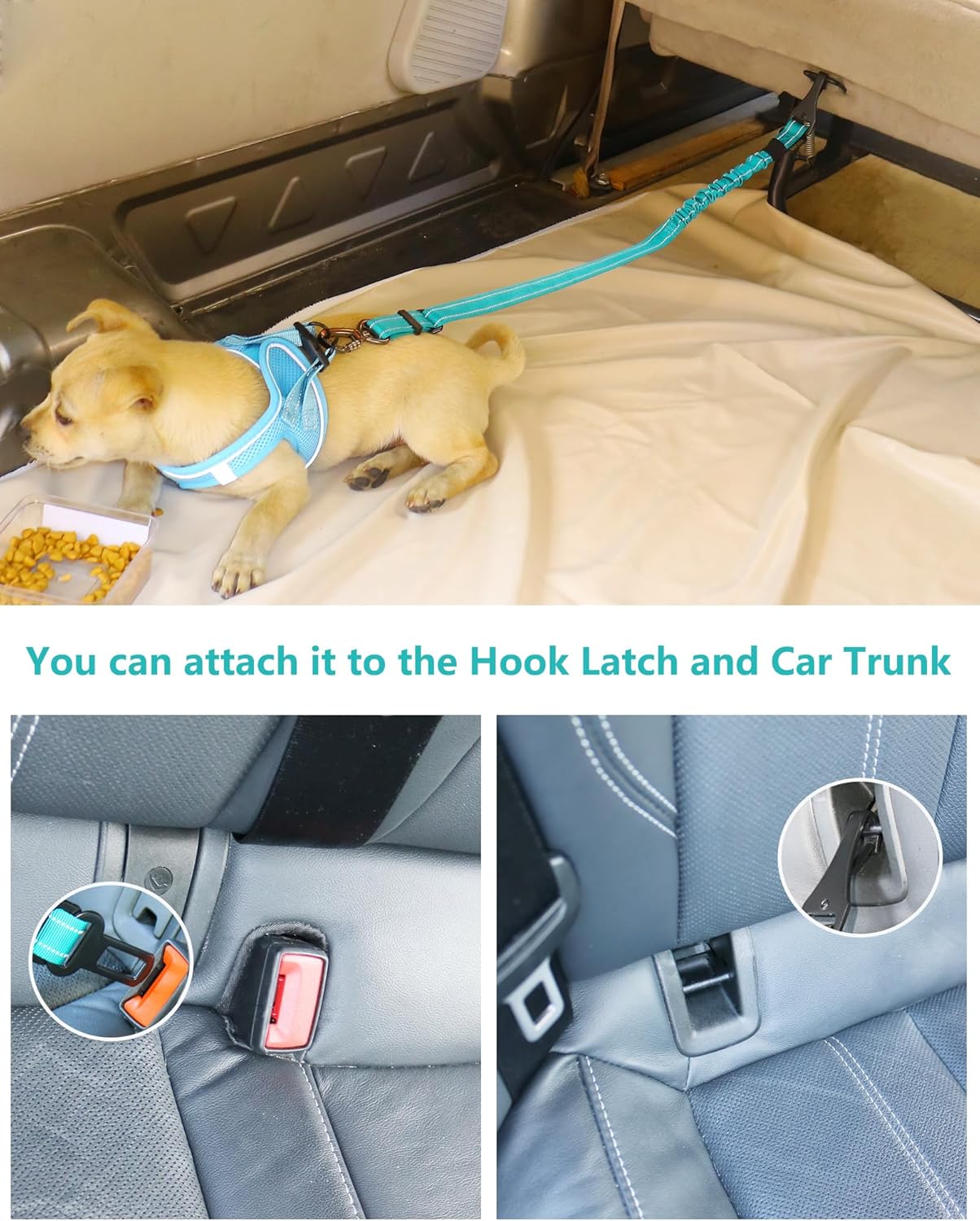 AUBELL Dog Seat Belt for Car,Updated 3-in-1 Adjustable Reflective Bungee Heavy Duty Dog Car Harness Tether with Clip Hook Latch & Buckle,Swivel Zinc Alloy Carabiner,Teal