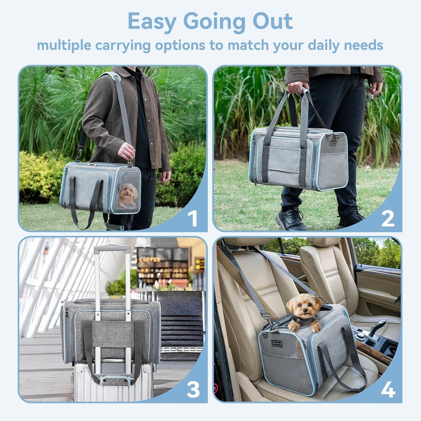 Petsfit Expandable Large Cat Carrier Small Dog Carriers Airline Approved, 17" Lx 11" Wx 11" H Soft-Sided Portable Washable Pet Travel Carrier with 2 Extension for Kittens, Puppies, Rabbits