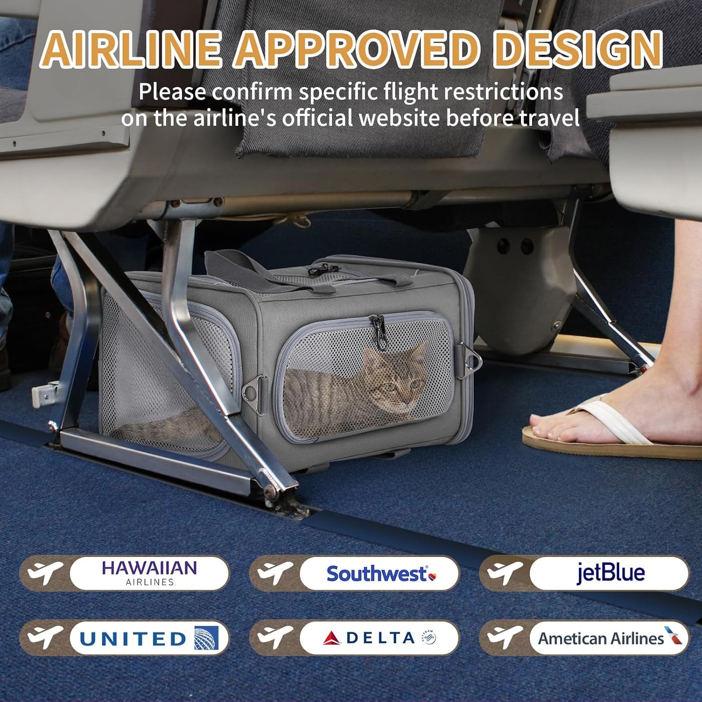Petsfit Airline Approved Pet Carrier for Small Cats, 16.5x8.6x11 TSA Approved Carrier, with Removable Dual-Sided Padding (2-Way Placement) - Fits Under Most Airplane Seats, Escape Proof (Gray)