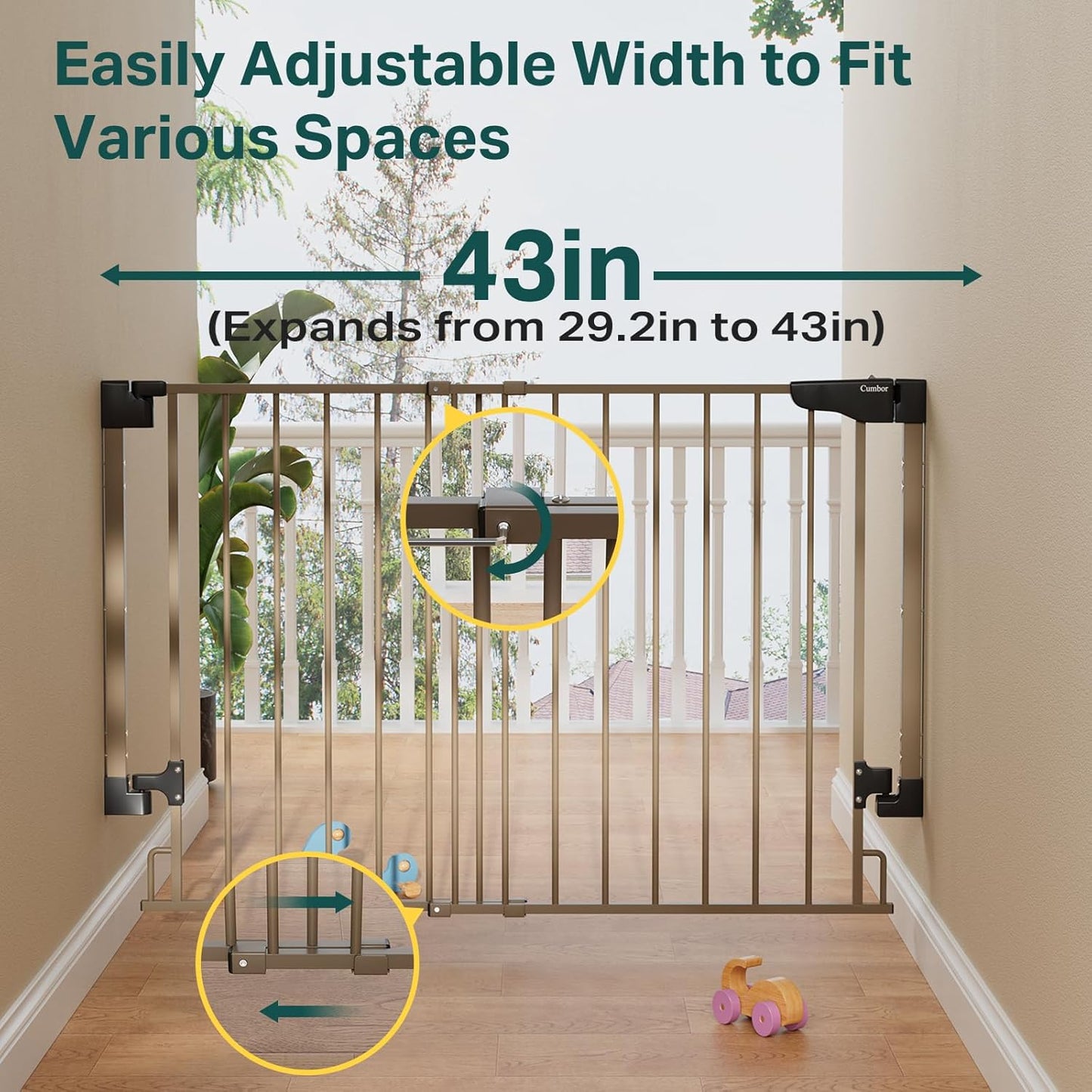 Cumbor 29.2-43" No Bottom Bar Baby Gate for Stairs, 2-in-1 Hardware Mounted Dog Gate Indoor, Pet Gate for Doorways with Large Walk Thru Door, Child-Proof Safety Gate for Top & Bottom of Stairs (Brown)