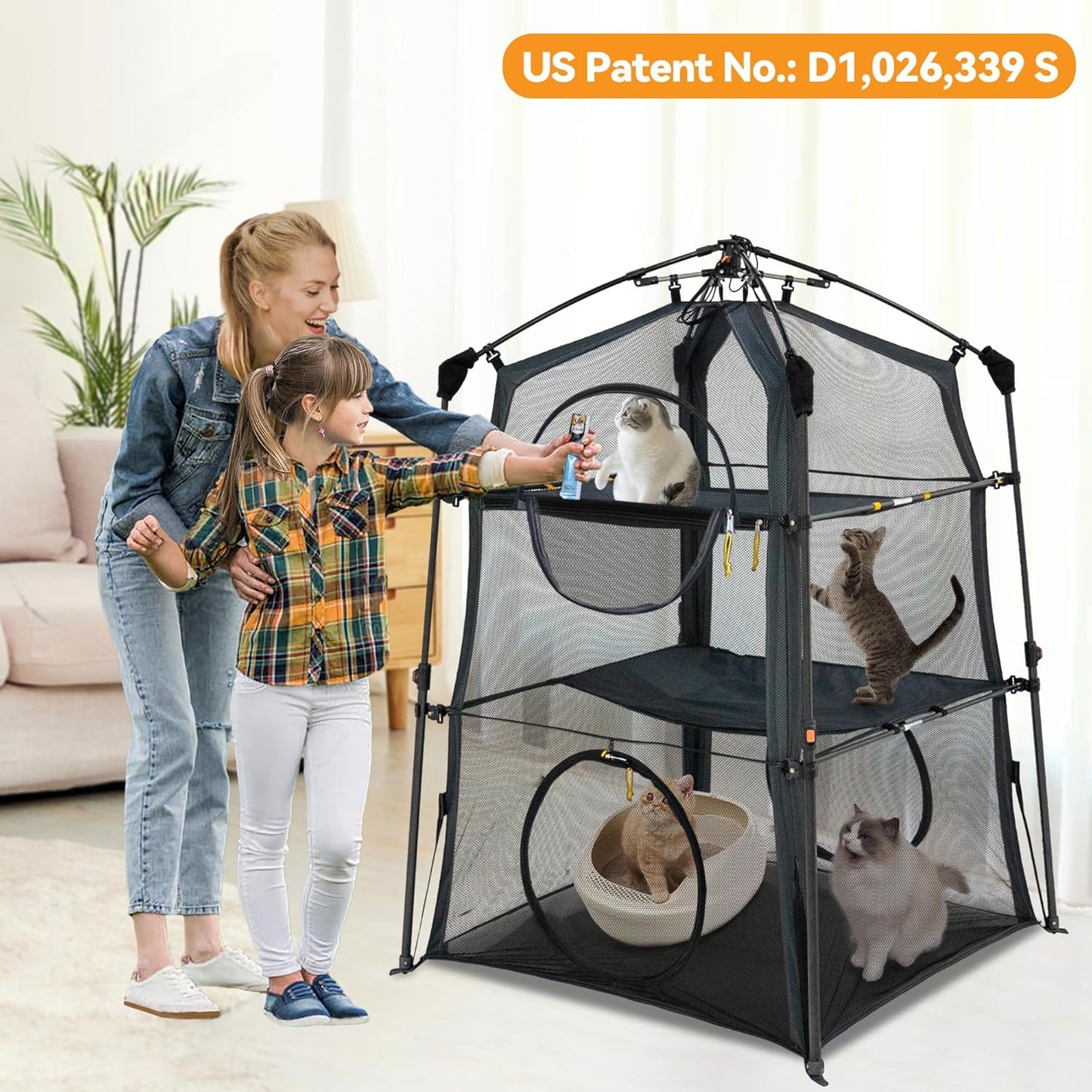 Extra Large Catio Outdoor Cat Enclosure,3 Tier Cat Tower Tent Weatherproof & Sunproof with 3 Doors, Foladable and Portable for Patio, Deck,Camping, Indoor & Outdoor(Patented)-Wave Shade
