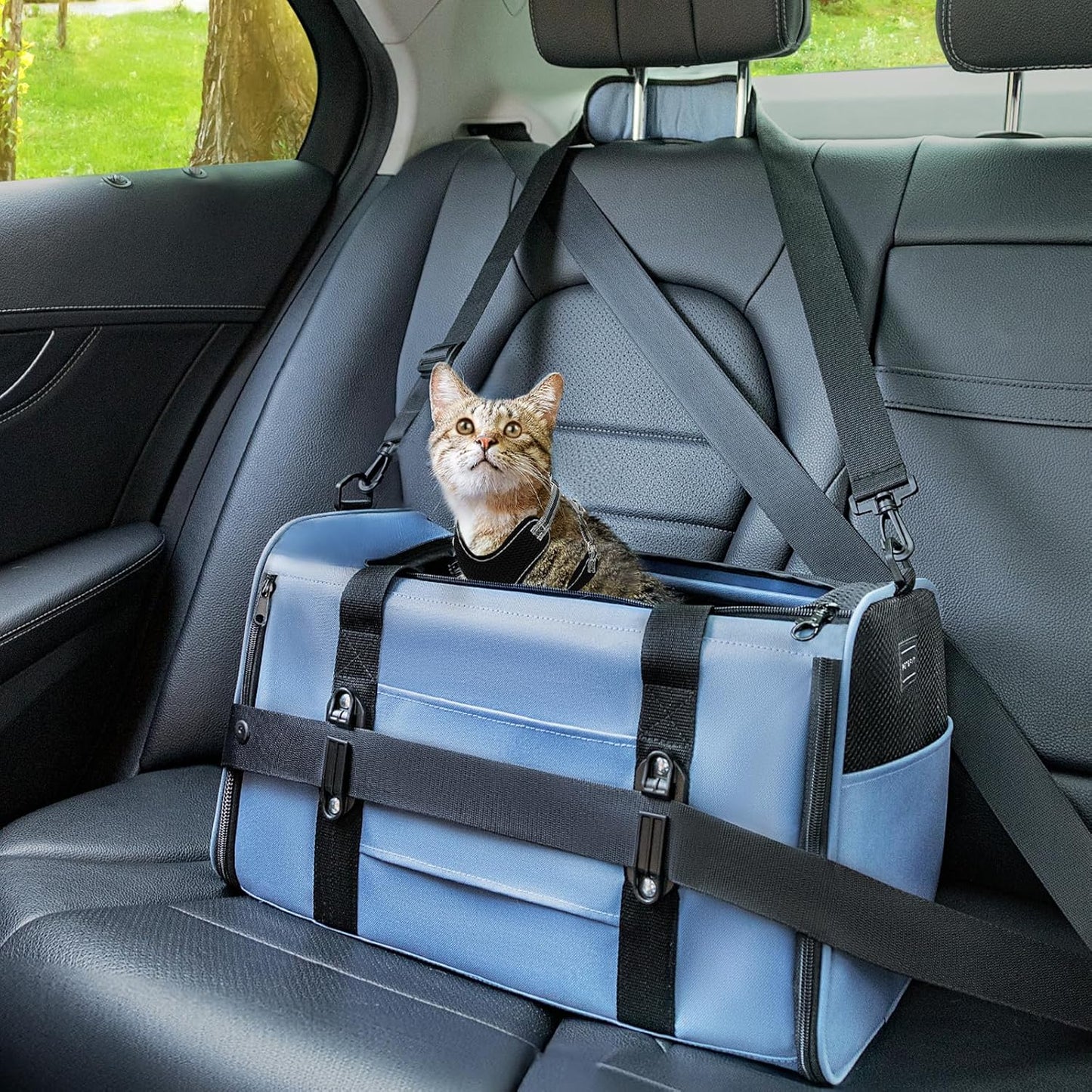 PETSFIT Soft-Sided Cat Carriers & Car Seats with Patent Safe Buckles, Clip-On Harness,18"x11"x11" Airline Approved Pet Carrier - 9 lbs Capacity (Blue)