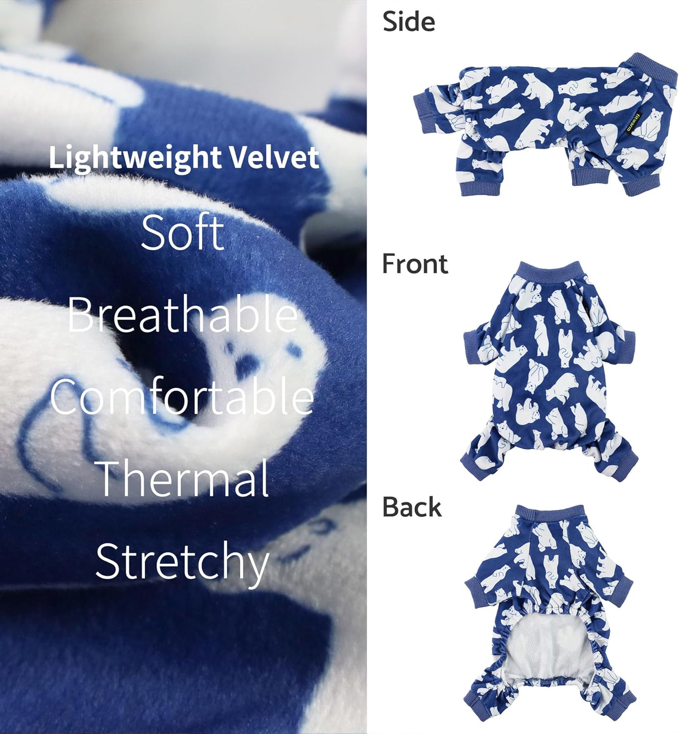 Fitwarm Polar Bear Dog Pajamas, Dog Clothes for Small Dogs Girl Boy, Pet Onesie with Feet, Cat Outfit, Lightweight Velvet, Royal Blue, White, Small