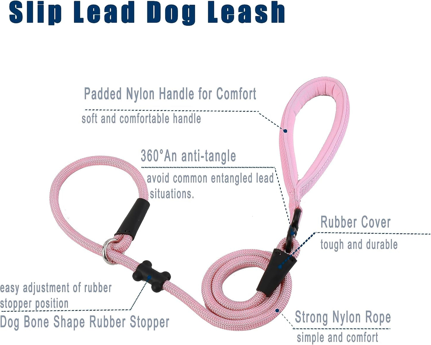 Slip Lead Dog Leash,Strong Nylon Rope Leash and Padded Handle,No Pull Outdoor Walking Training Lead for Small Medium Large Dogs (Pink, 1/2"×4ft)