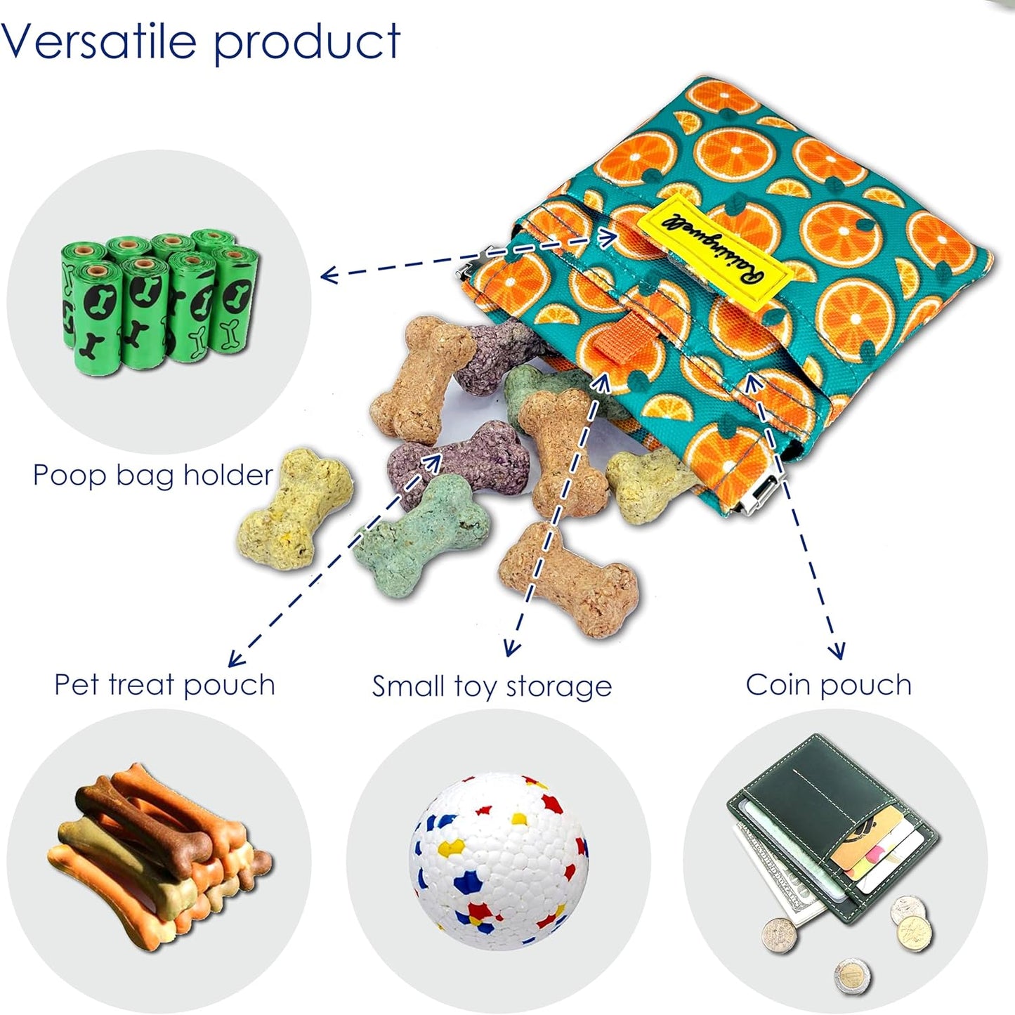 Dog Treat Pouch,Cotton Pocket Sized Training Holder, Hand Free Walking Funny Bag with Carabiner, Self-Closing Pet Feed Snack Reward, Behavior Aids for Puppy Travel or Outdoor Use(Fruit Orange)