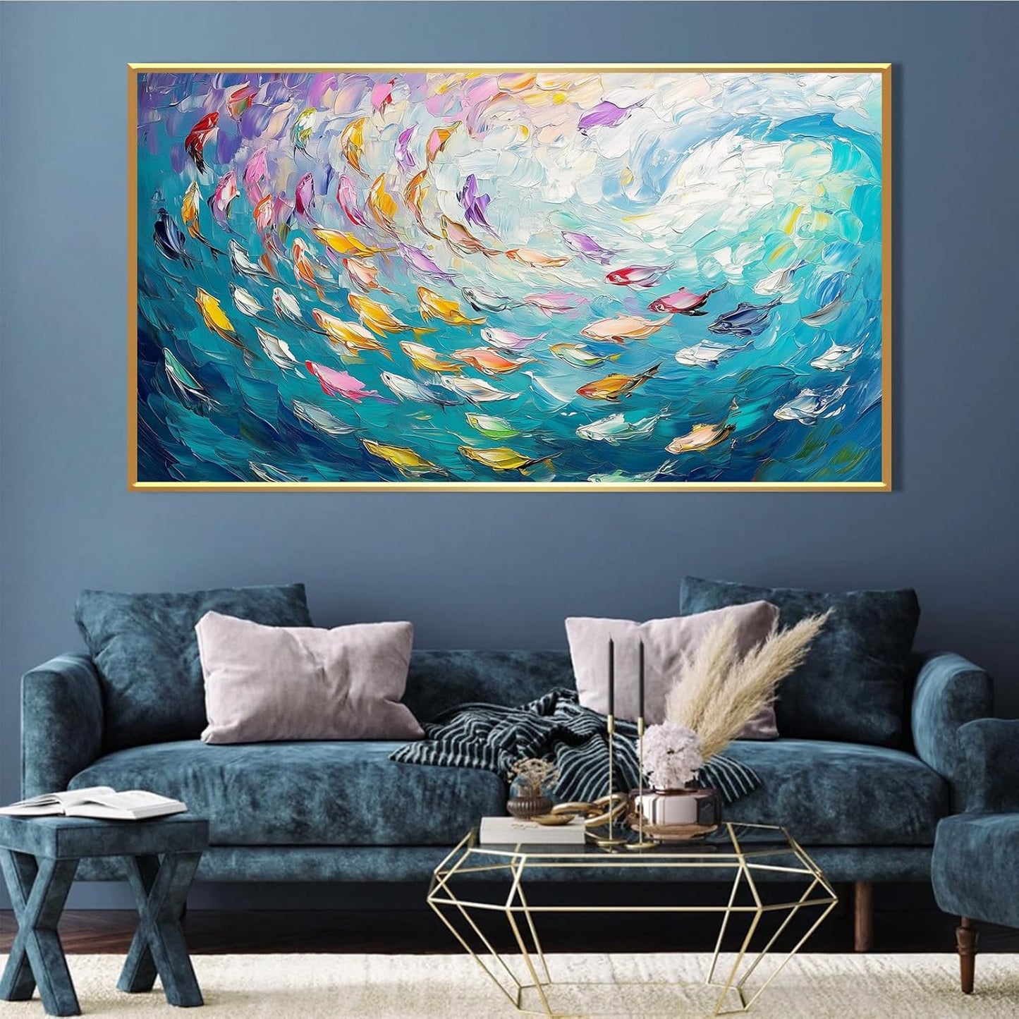 Fish Canvas Wall Art, Abstract School of Fish Canvas Wall Art, School of Fish Painting Canvas, School of Fish Wall Art, Fish Wall Decor, Fish Pictures Wall Decor, Bedroom Canvas Wall Decor (Black Framed, 30"x17" | 76x43cm)