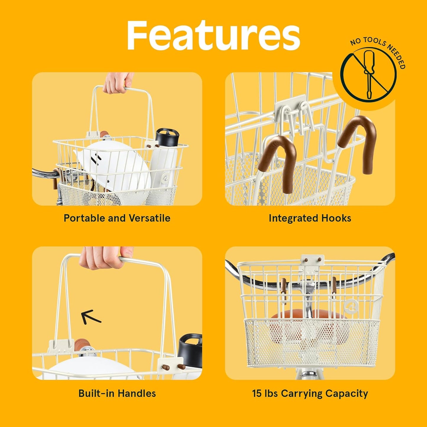 Retrospec Apollo Detachable Front Bike Basket Steel Half-Mesh with Integrated Detachable Hooks and Built-In Handle, Easy Assembly and Portability for Bicycles