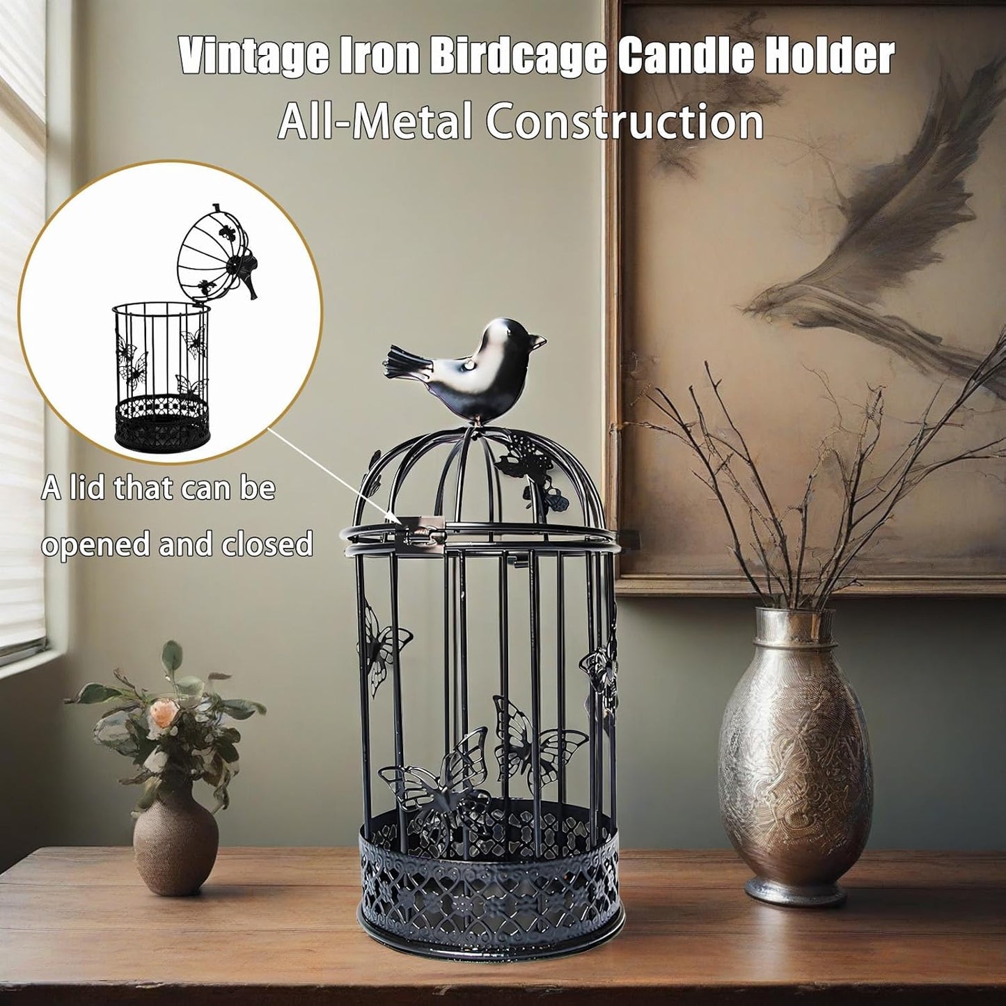 Vintage Decorative Bird Cage,Metal Black Bird Cage Decor for Candelabros para Centros De Mesa & Lanterns Decorative Indoor Suitable Wedding Party, Dining Table,Fireplace Metal Lantern&Bird Cage Decor