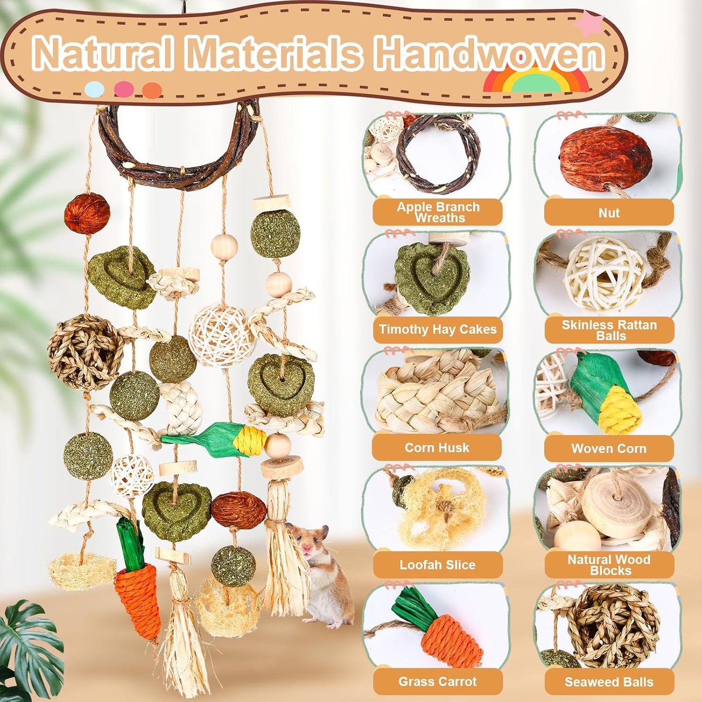 VESPRO Bunny Chew Toys, Rabbit Cage Hanging Chewing Toy and Treats Snack Ring, for Rabbits Chinchilla Guinea Pig Hamsters Grinding Teeth with Other Small Pets, Natural Materials Handwoven (5 Strings)