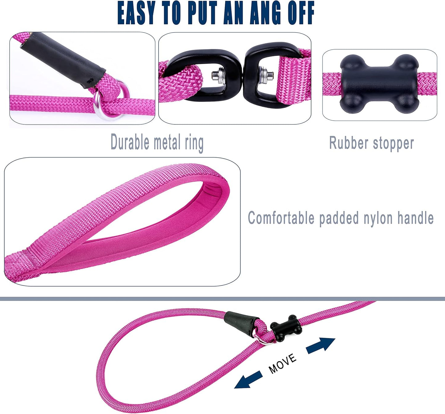 Slip Lead Dog Leash,Strong Nylon Rope Leash and Padded Handle,No Pull Outdoor Walking Training Lead for Small Medium Large Dogs(Fuchsia, 1/2"×6ft)