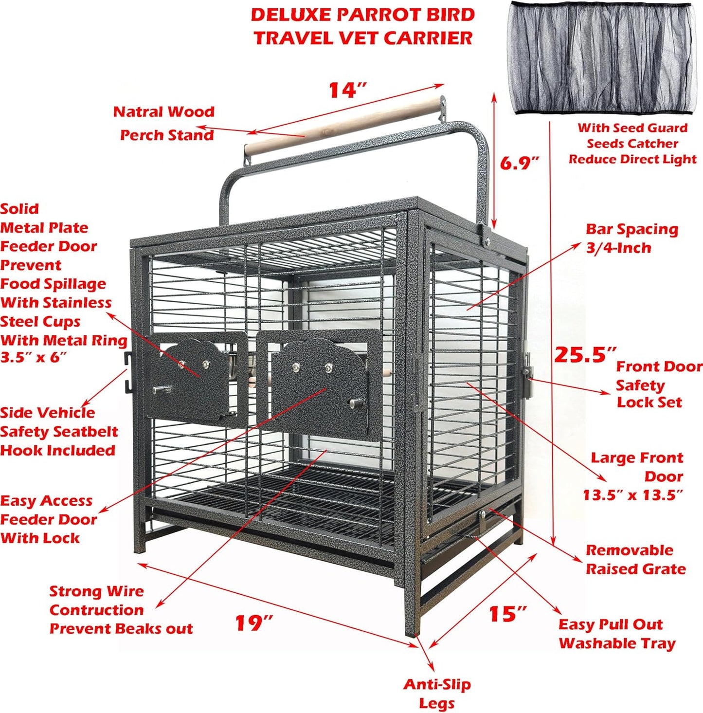 Portable Durable Heavy Duty Travel Veterinary Bird Parrot Carrier Cage Feeding Bowl Play Wooden Stand Perch with Handle Prevent Beaks Out