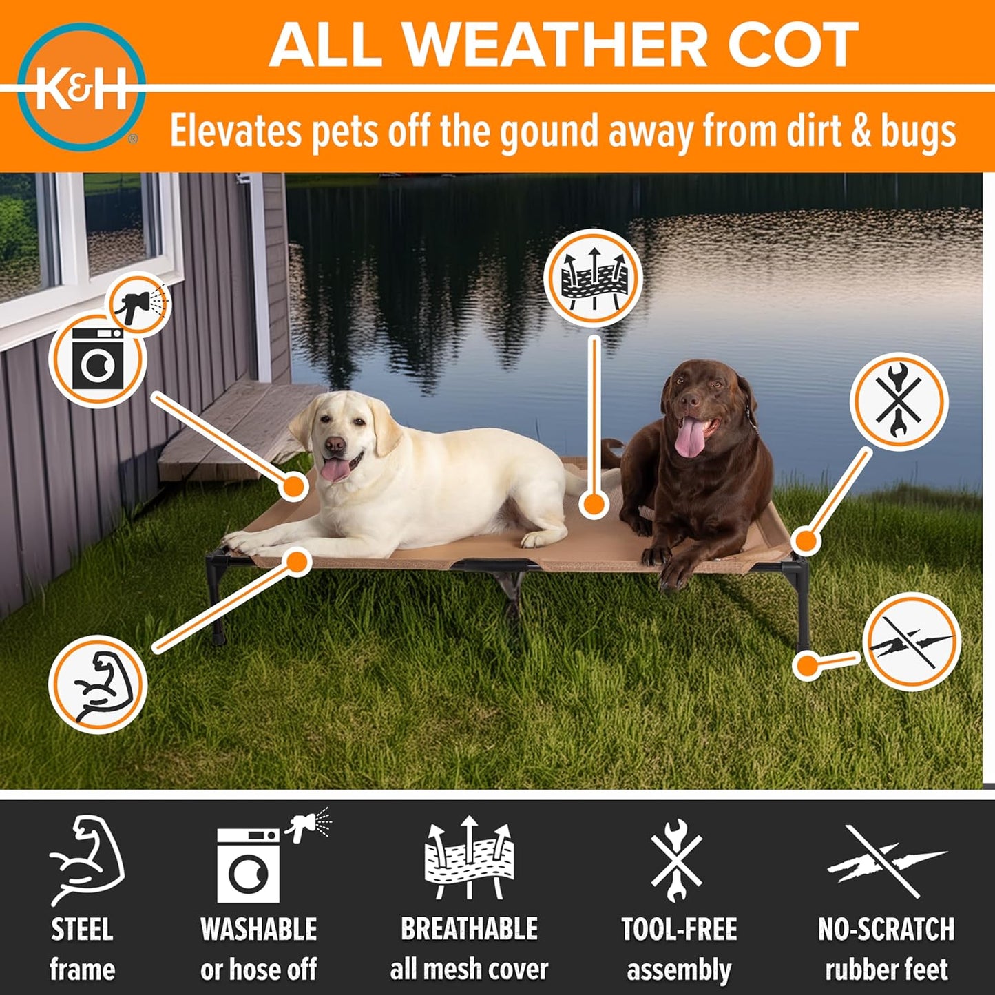 K&H Pet Products Outdoor Elevated Dog Cot, Cooling Raised Bed with Waterproof Breathable Mesh for Large Dogs, Portable Place Bed with Heavy-Duty Metal Frame, Oversized Hammock Style - Jumbo Tan