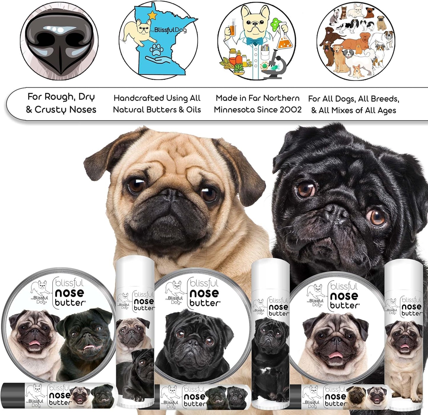 The Blissful Dog Pug Duo Nose Butter for Dry, Cracked Skin, Lick-Safe Dog Nose Balm with Moisturizing Shea Butter, Almond, Olive, and Essential Oils, Pet Supplies, Uncented, 8 oz.