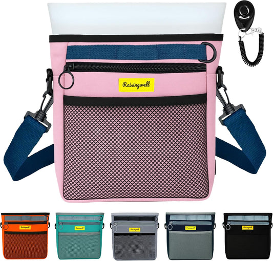 Dog Treat Pouch with Magnetic Closure 4-Cup Silicone Bag Fanny Pack Holder with Clicker 4 Ways to Wear Front Pocket Fits All Phones Ideal for Leash, Pet Walking and Training(Pink)