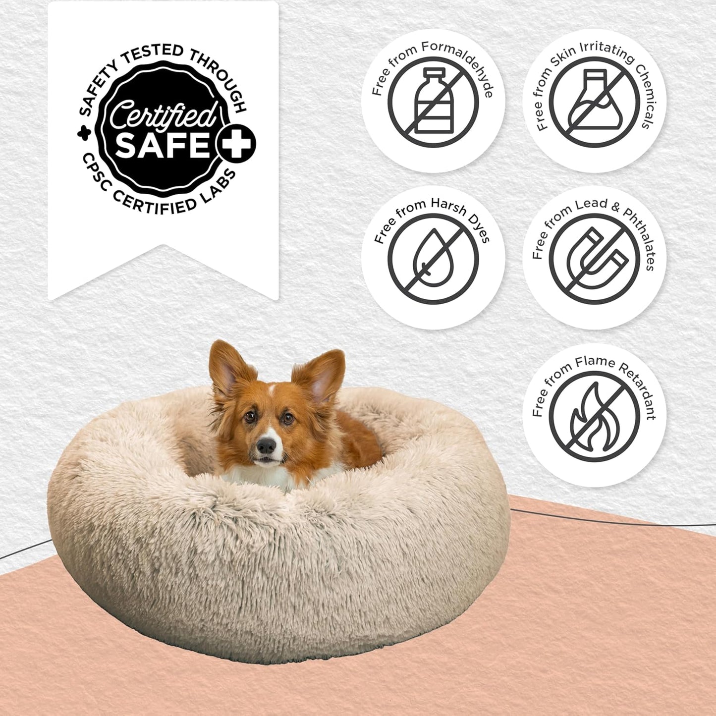 Best Friends by Sheri Original Calming Donut Dog and Cat Bed, Shag Faux Fur, Taupe, (30in x 30in) - Anxiety Relief for Pets Up to 45 lbs