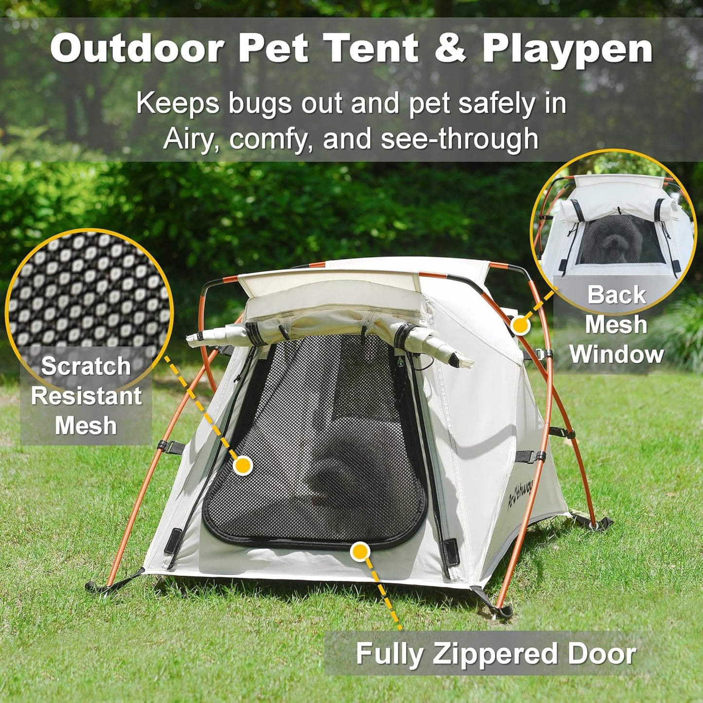 Dog Tent Cat Tent with Aluminum Poles and Camping Mat, Outdoor Waterproof Pet Tent with Zippered Mesh Door, Dog House, Cat House, Pet Playpen, Portable and Collapsible (White, Small)