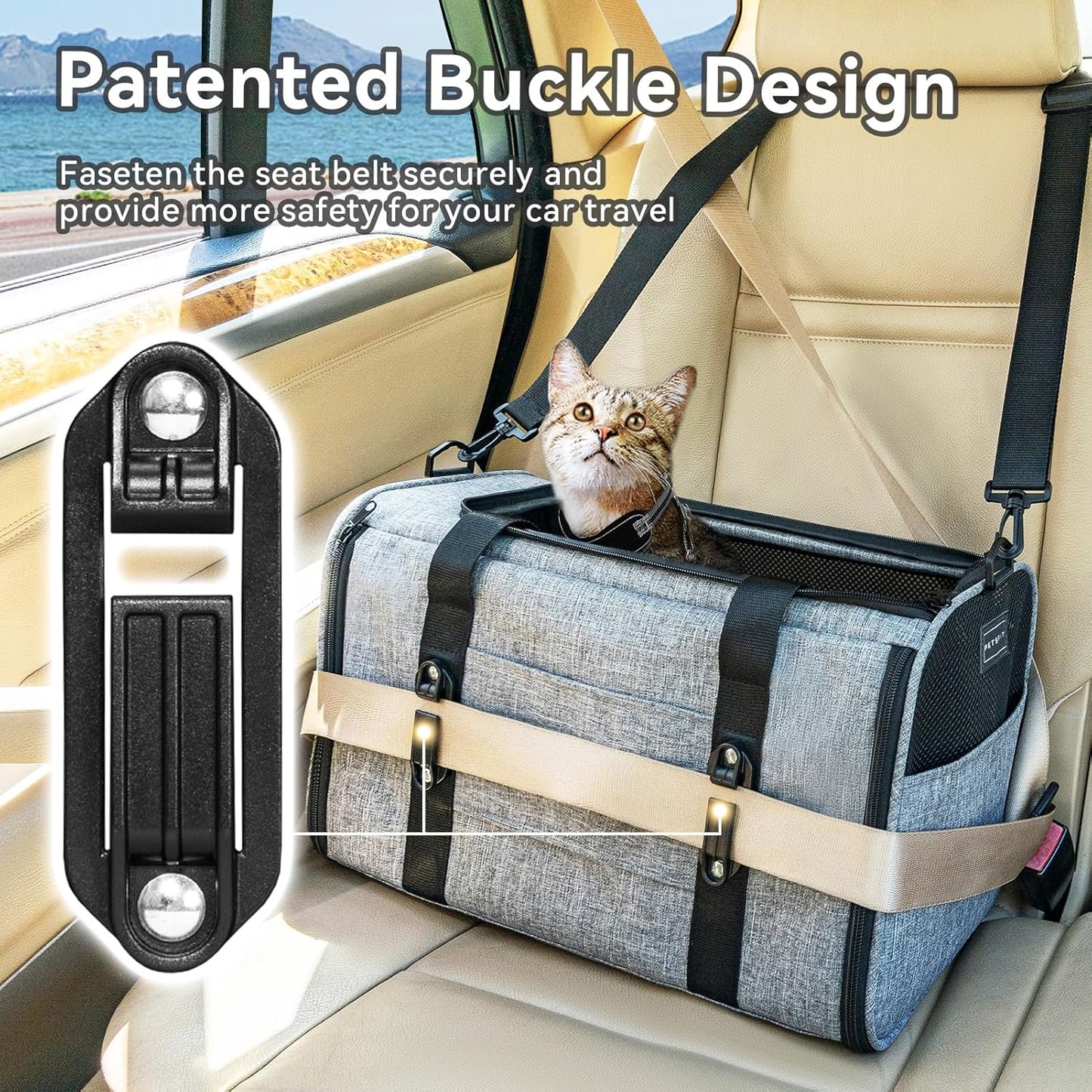 PETSFIT Soft-Sided Cat Carriers & Car Seats with Patent Safe Buckles, Clip-On Harness,18"x11"x11" Airline Approved Pet Carrier - 9 lbs Capacity,Grey