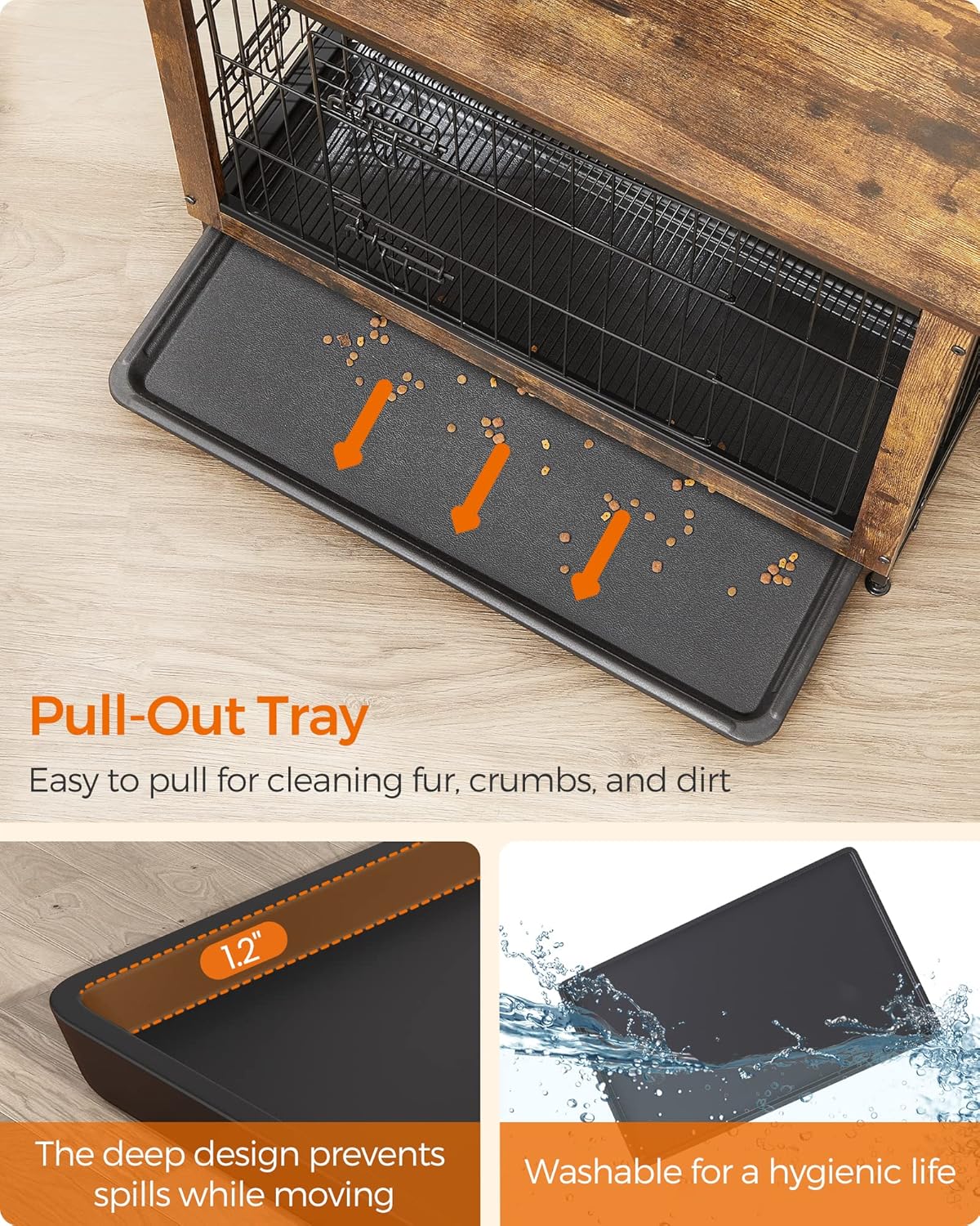 Feandrea Dog Crate Furniture, 38.6" Side End Table, Modern Kennel for Dogs Indoor up to 70 lb, Heavy-Duty Dog Cage with Multi-Purpose Removable Tray, Double-Door Dog House, Rustic Brown UPFC003X01