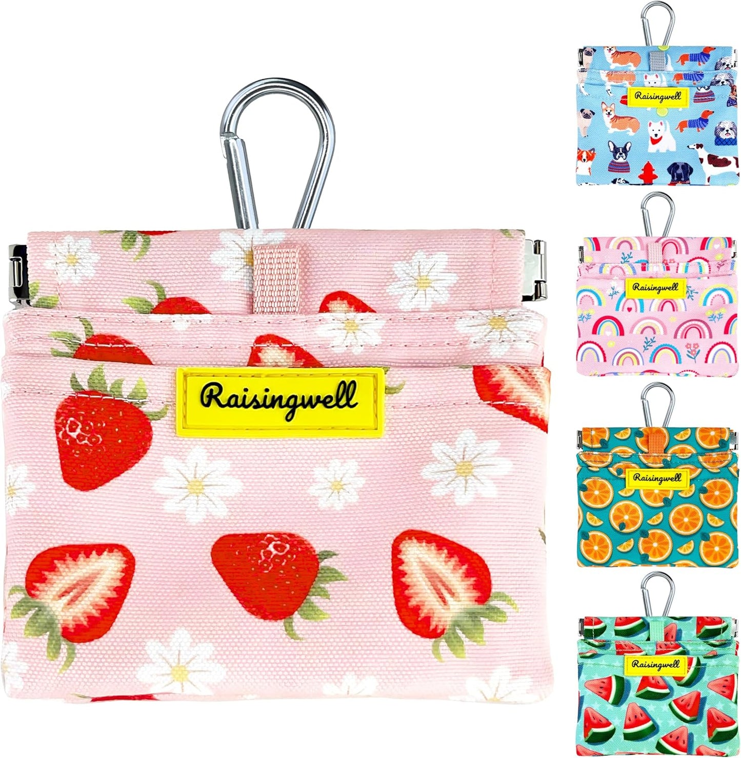 Dog Treat Pouch,Cotton Pocket Sized Training Holder, Hand Free Walking Funny Bag with Carabiner, Self-Closing Pet Feed Snack Reward, Behavior Aids for Puppy Travel or Outdoor Use(Strawberry)
