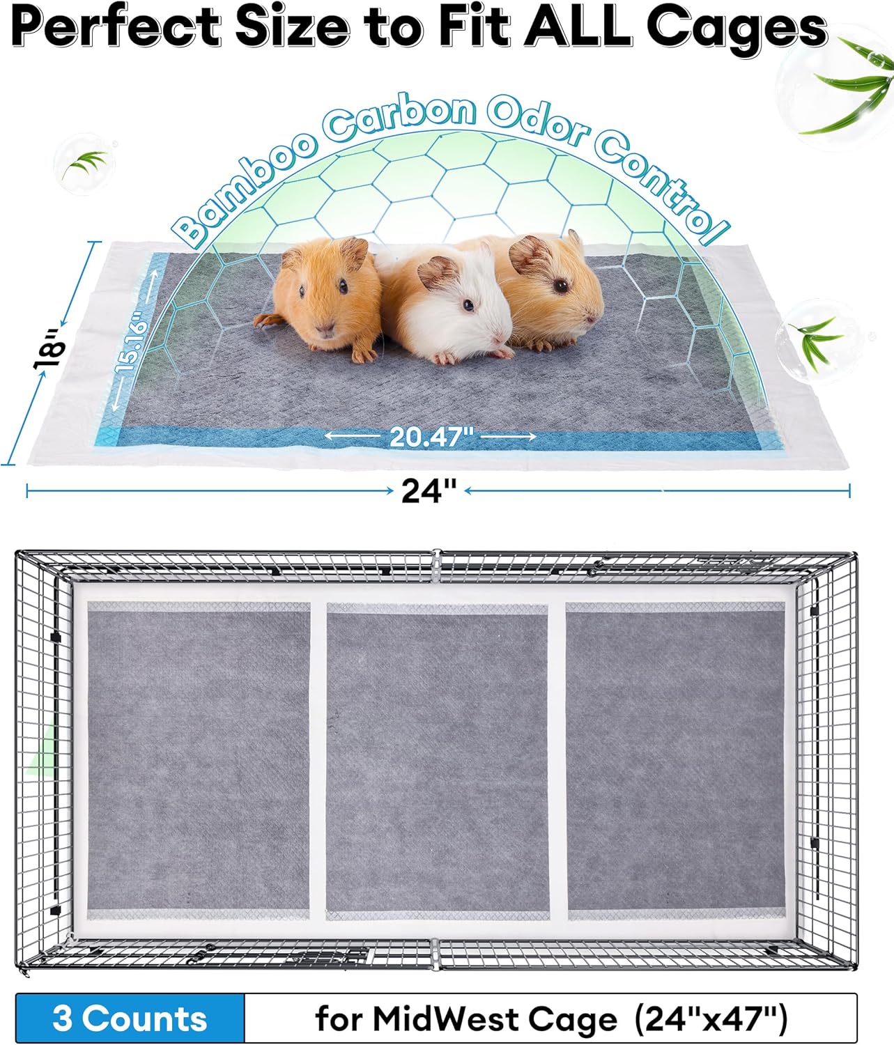 BUCATSTATE Disposable Guinea Pig Cage Liners 30 Count, Super Absorbent Guinea Pig Bedding, Bamboo Charcoal Odor Control Pee Pads for Rabbits, Ferrets and Birds (18''x24'')
