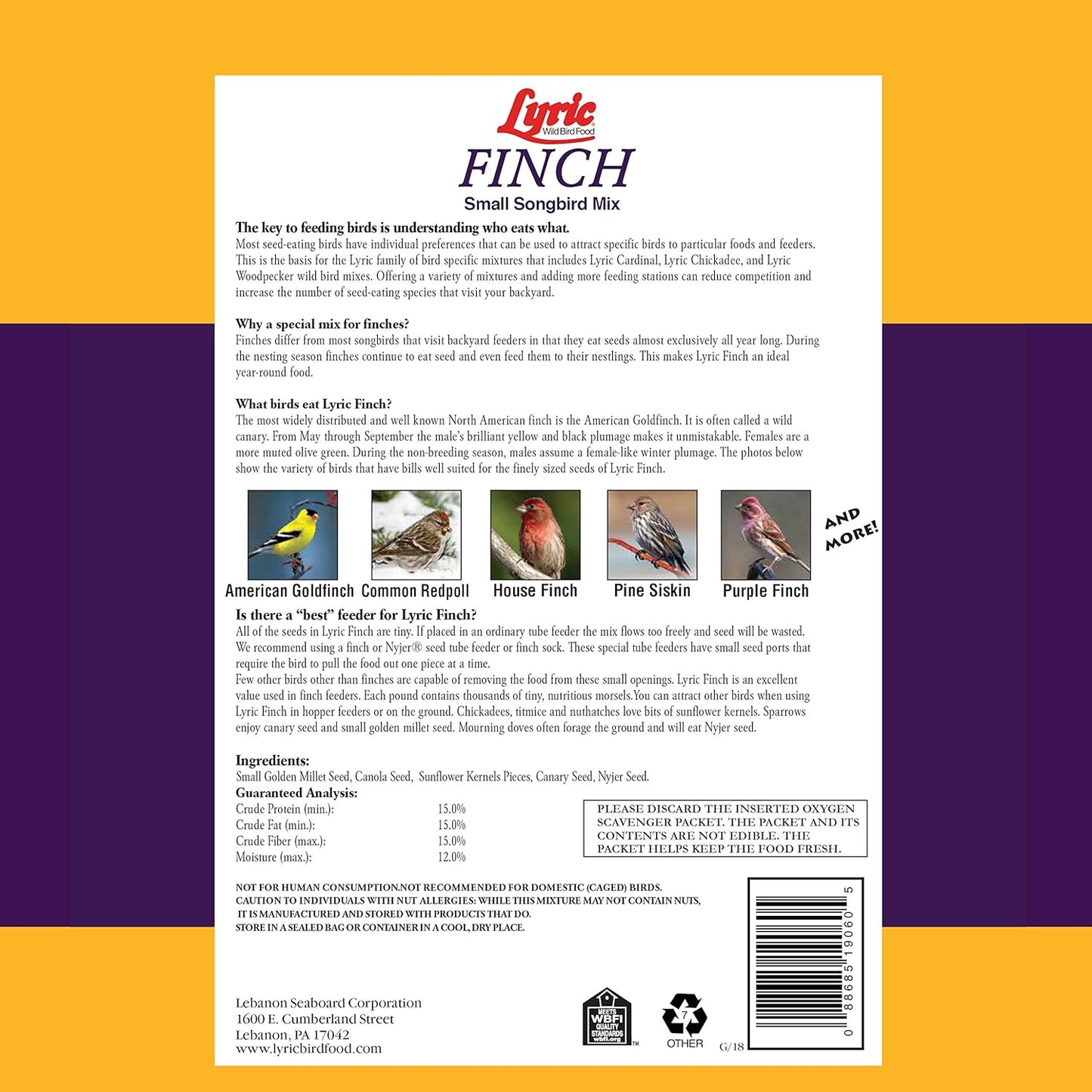 Lyric Finch - Small Songbird Wild Bird Seed - Attracts Goldfinches, House Finches, Purple Finches & More - 20 lb. bag