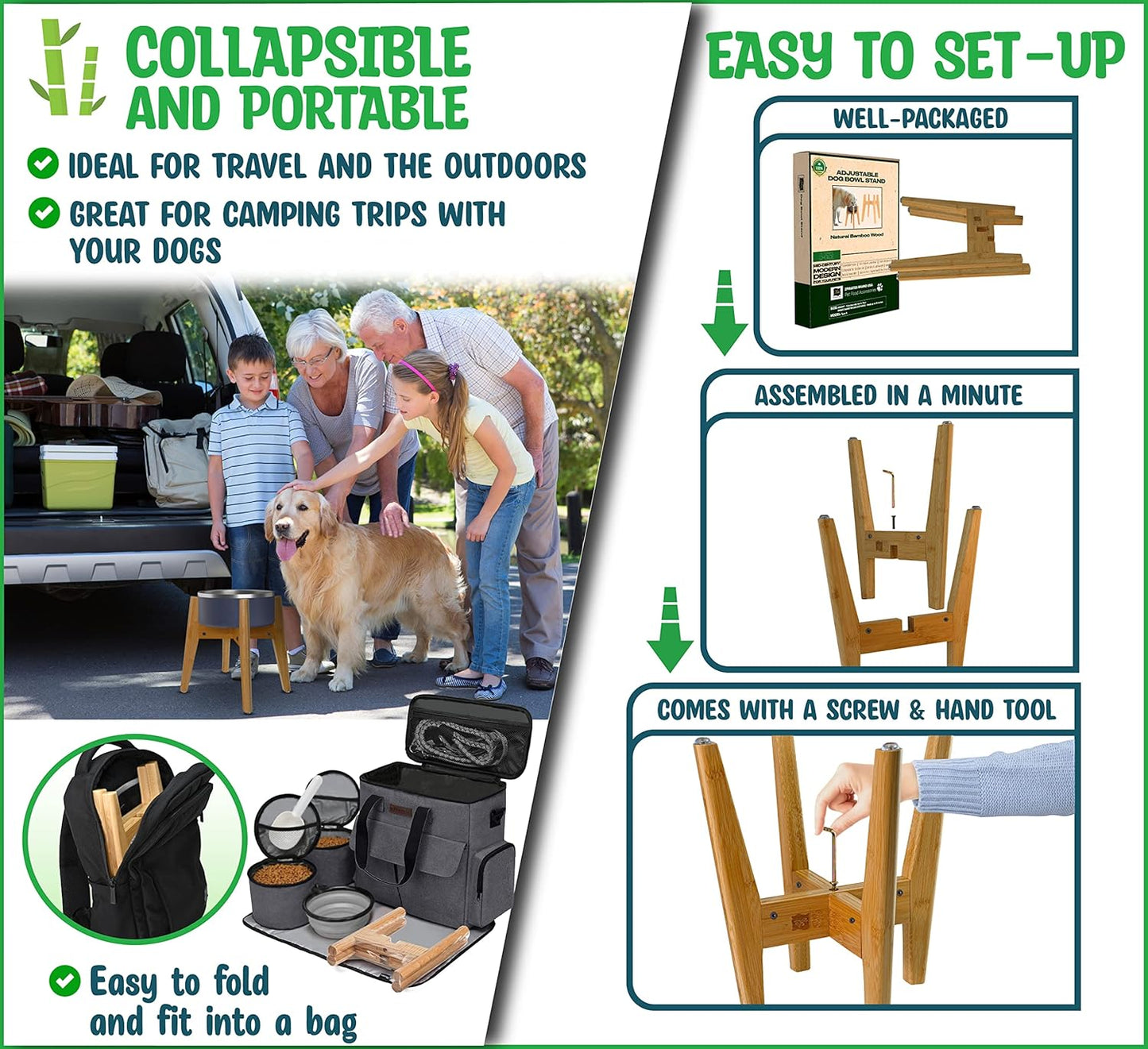 Dog Bowl Stand (12-inch High) - Ideal for Large Breeds - Adjustable Sideways, Slanted Feet - Elevates, Raises Pet Food Feeders, Water Dishes, Fountains, Dispensers - Bamboo Stand Only