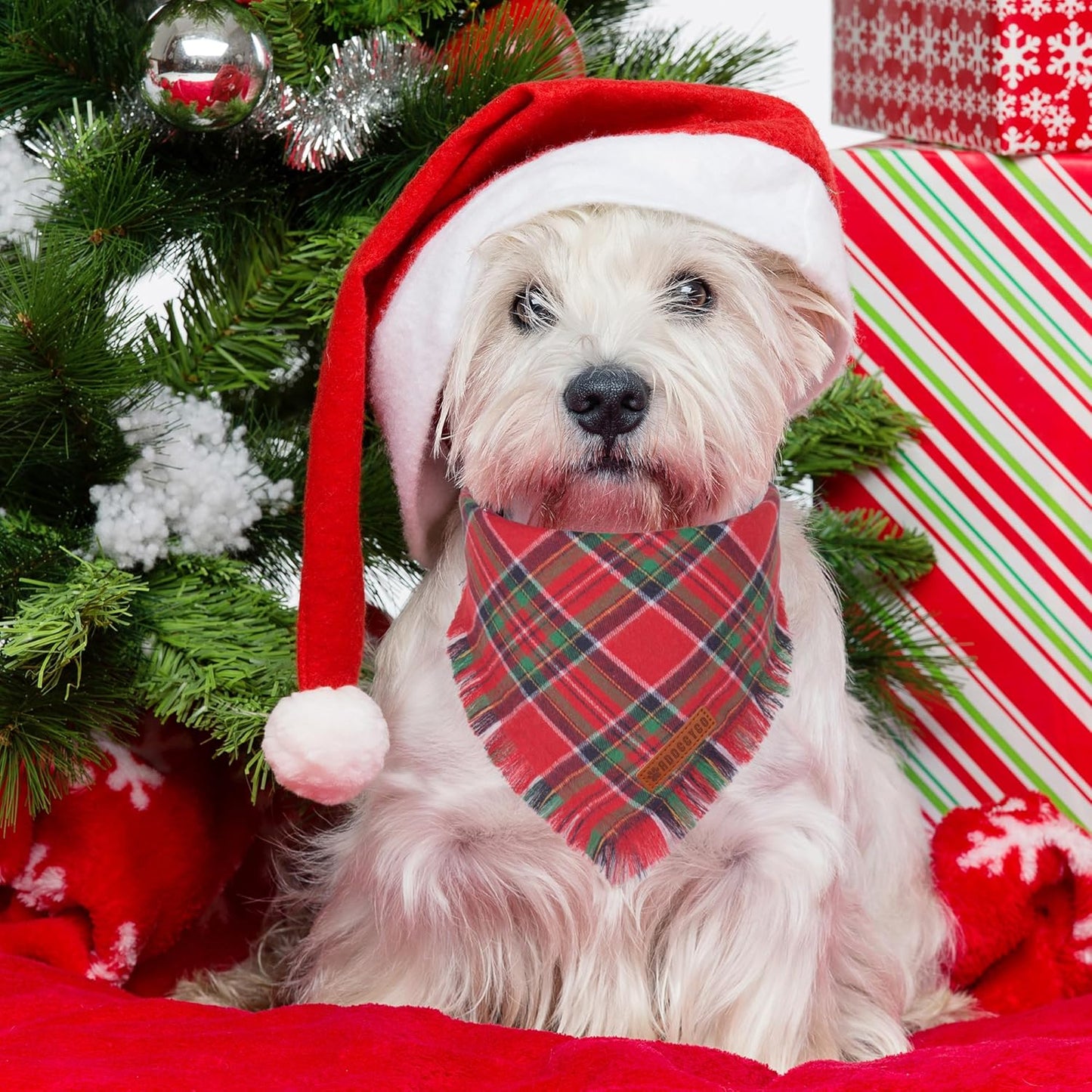 ADOGGYGO Christmas Dog Bandanas with Tassels Edges, Stylish Plaid Dog Christmas Scarf Bib, Multiple Sizes Offered, Plaid Bandanas for Small Dogs (Small)