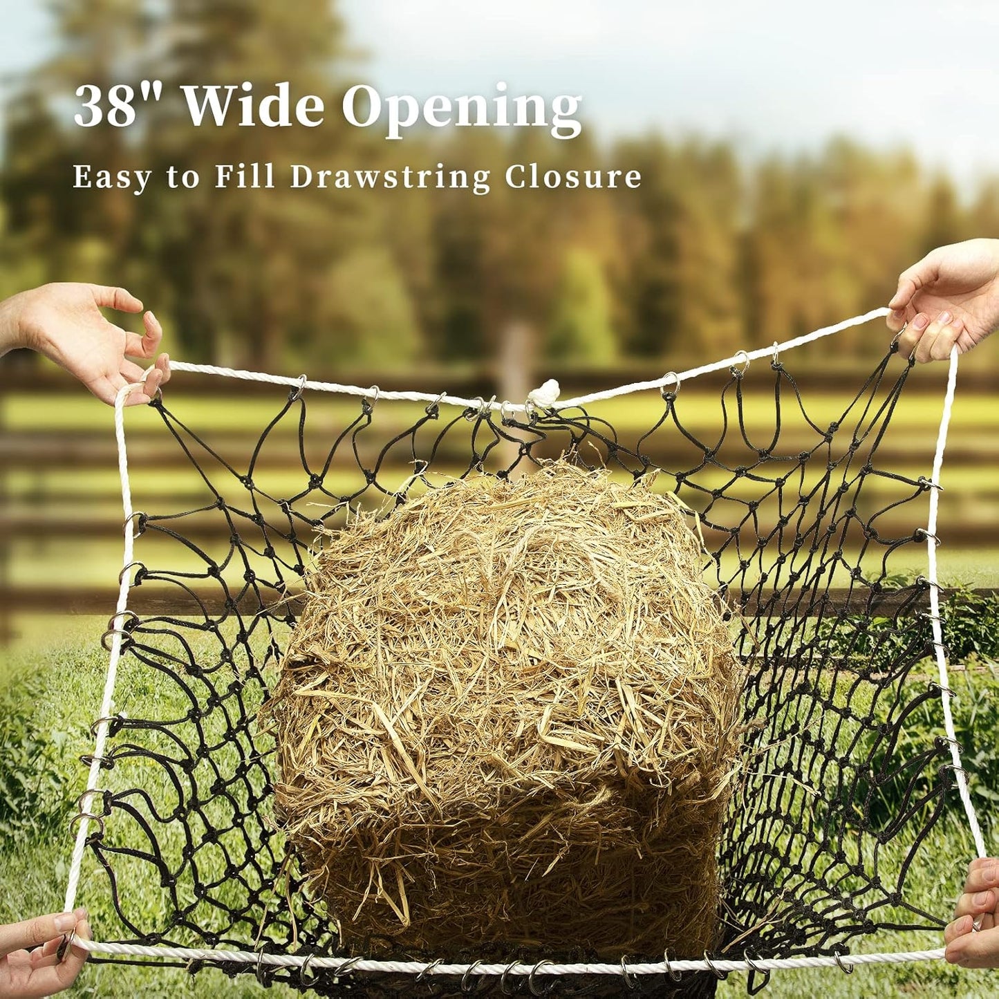 Bloomoak Slow Hay Net Feeder for Horses, Durable Soft Black PE 2String Hay Bales Bags with 2" Hole, Fit 36 * 18 * 18" Square Bale EasilyâŚ