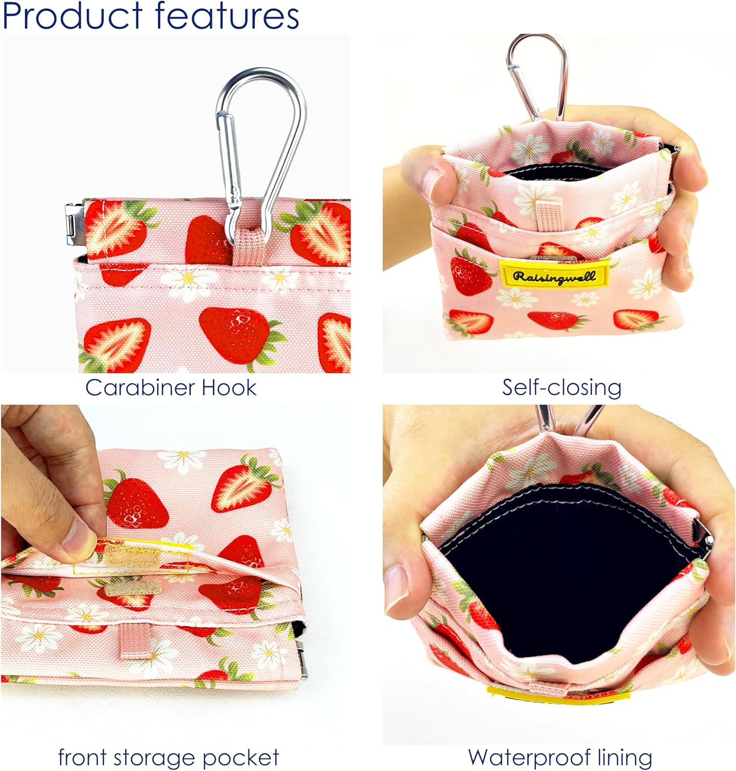 Dog Treat Pouch,Cotton Pocket Sized Training Holder, Hand Free Walking Funny Bag with Carabiner, Self-Closing Pet Feed Snack Reward, Behavior Aids for Puppy Travel or Outdoor Use(Strawberry)