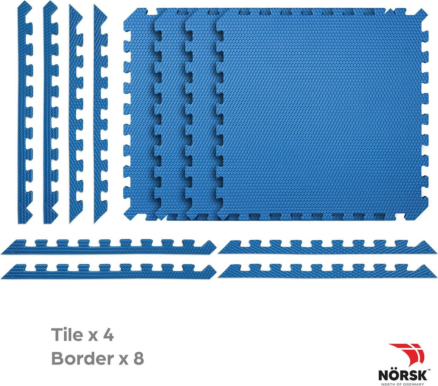 Norsk Reversible Gym Exercise Mats 3/4" Thick EVA Interlocking Foam Tiles, Perfect Gym Flooring for Home Gym,12 Tiles & 24 Trim Pieces, 48 Sq. Ft. Reversible, Dazzling Blue/Black