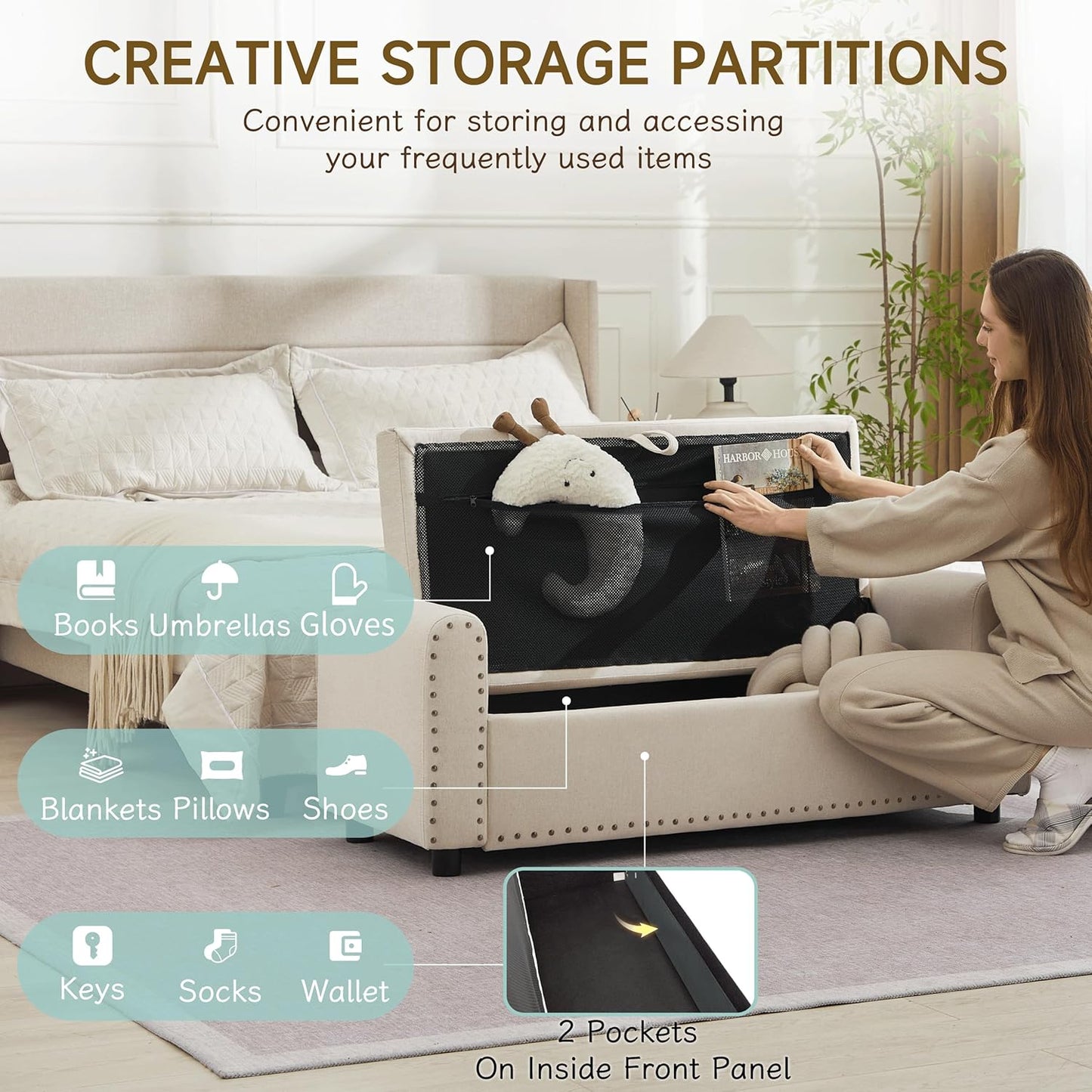 Ottoman with Storage, Tufted Storage Bench for Bedroom, 48" Fabrics End of Bed Bench, Upholstered Entryway Shoe Benches with Rolled Arm & Inner Zipper, Window Ottomans Chest with Rivets, Beige