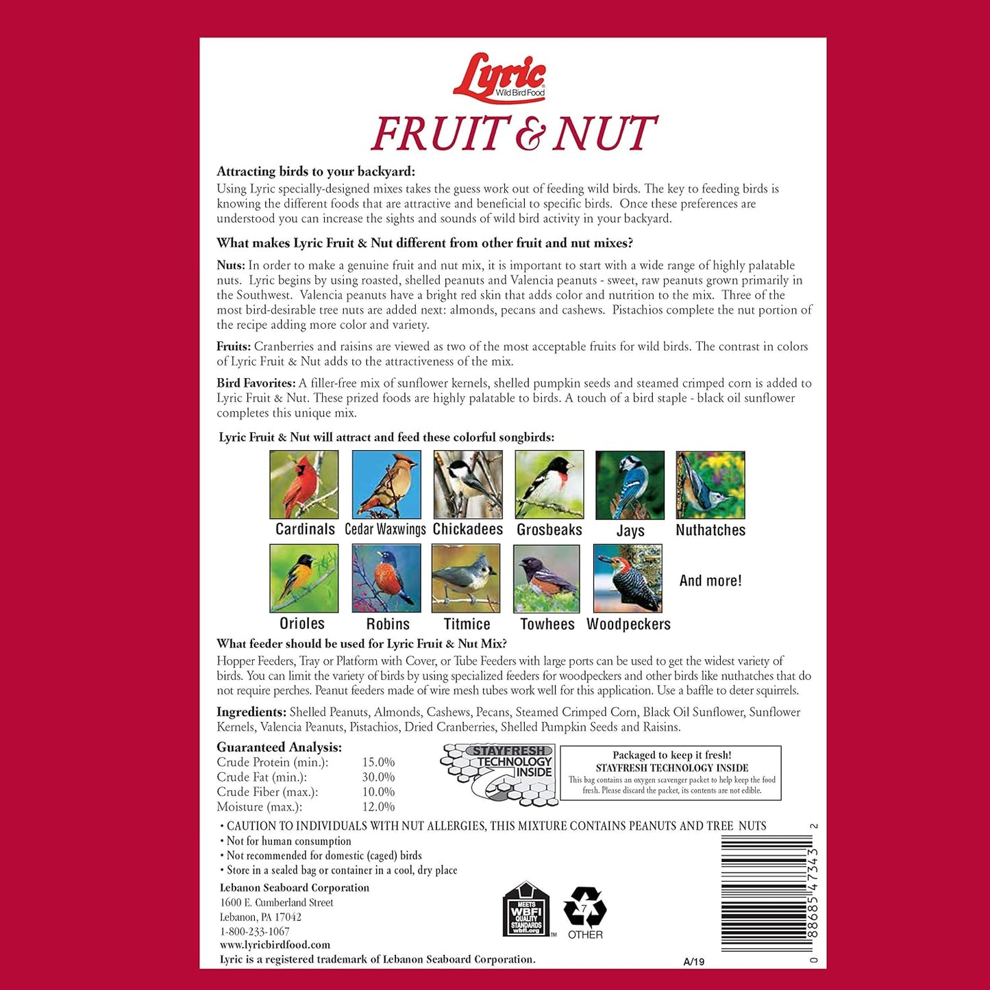 Lyric Fruit and Nut Wild Bird Seed - High Energy Wild Bird Food Mix - Attracts Woodpeckers, Chickadees & Other Songbirds - 10 lb. (pack of 2 - 5 lb bags)