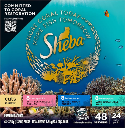 Sheba Perfect Portions Wet Cat Food Cuts in Gravy Variety Pack, with Sustainable Salmon, Tender Trout Entree, and with Sustainable Tuna, 2.6 oz. Twin-Pack Trays (24 Count, 48 Servings)