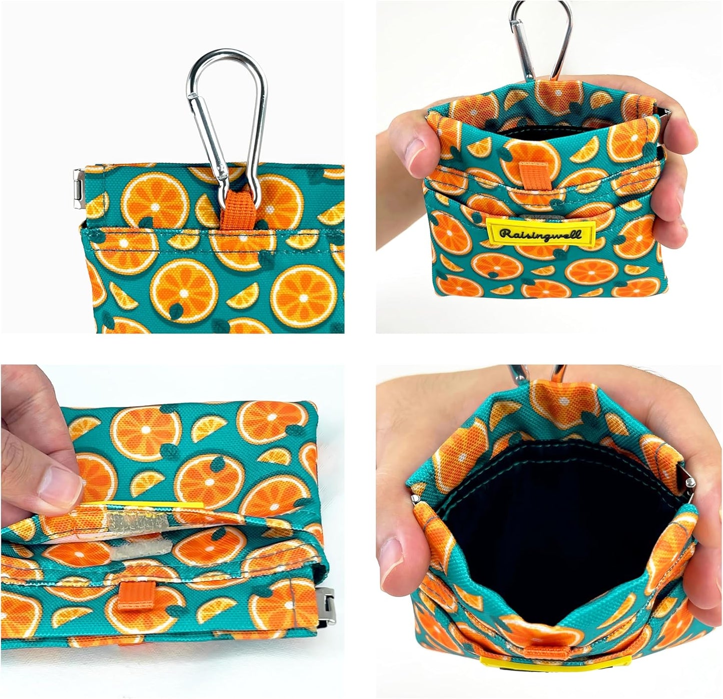 Dog Treat Pouch,Cotton Pocket Sized Training Holder, Hand Free Walking Funny Bag with Carabiner, Self-Closing Pet Feed Snack Reward, Behavior Aids for Puppy Travel or Outdoor Use(Fruit Orange)