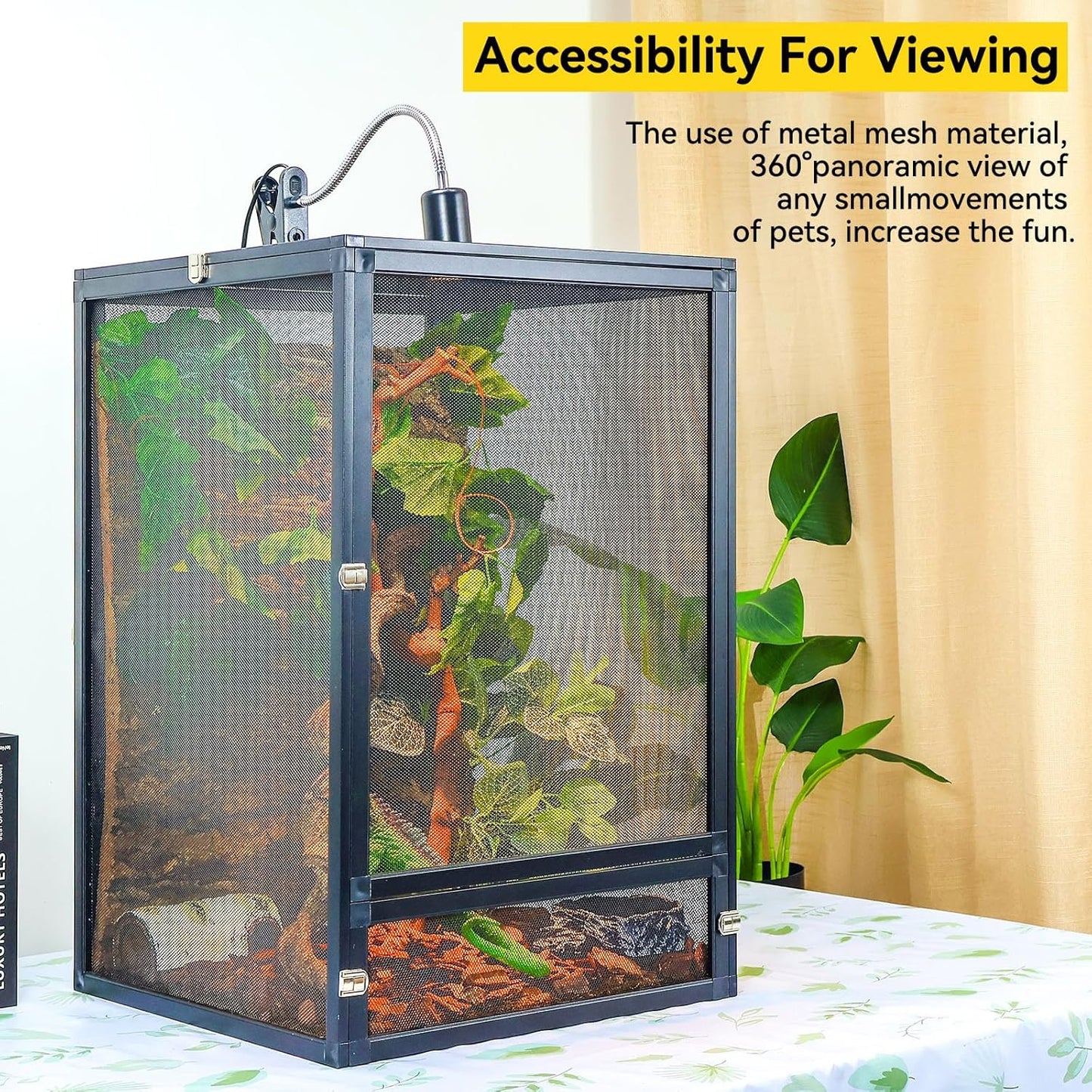 33 Gallon 360° Panoramic Foldable Reptile Terrarium Kit: Crested Gecko Tank and Reptile Cage for Superior Ventilation, Easy Feeding, Sturdiness, and Simple Assembly (Black, 26"x17"x17")