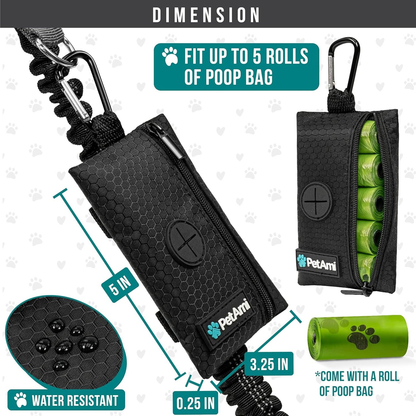 PetAmi Dog Poop Bag Holder for Leash, Dog Waste Bag Dispenser with Clip, Treat Pouch, Walking & Camping Accessories with Trash Bag Roll, Gray/Black 2 Pack