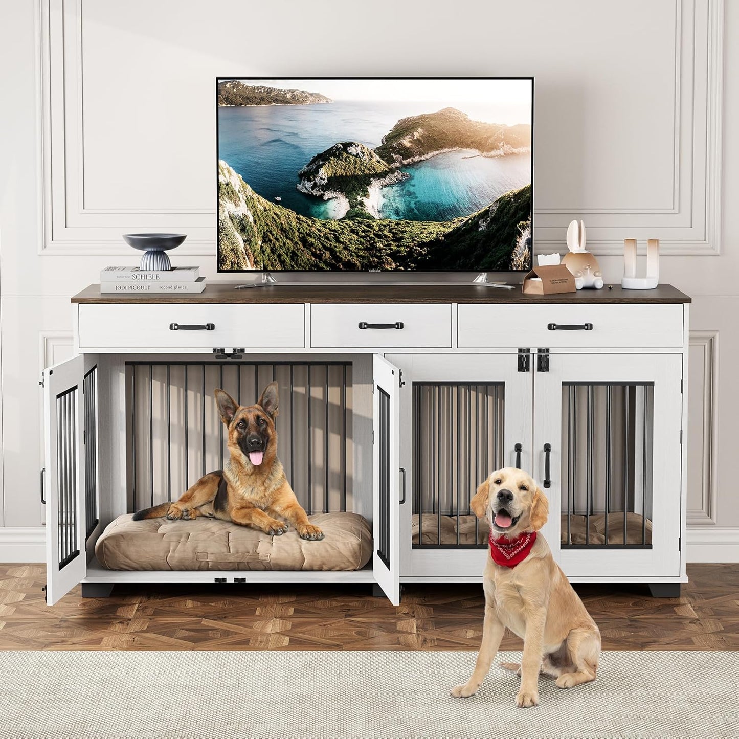 71 in Dog Crate Furniture for 2 Dogs, Wooden Double Dog Crate with 3 Drawers and Removable Room Divider, XXL Indoor Dog Kennel TV Stand End Table with Double Doors for Large Medium Dogs, White