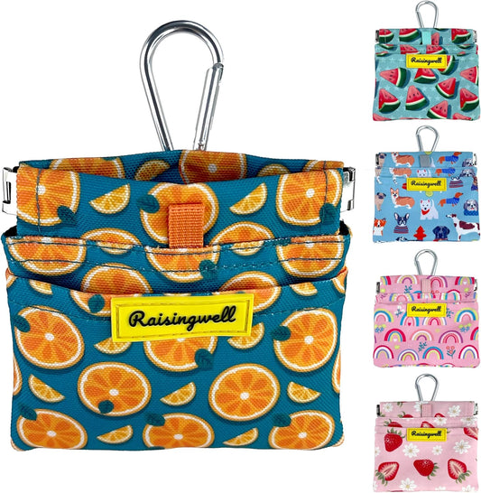 Dog Treat Pouch,Cotton Pocket Sized Training Holder, Hand Free Walking Funny Bag with Carabiner, Self-Closing Pet Feed Snack Reward, Behavior Aids for Puppy Travel or Outdoor Use(Fruit Orange)