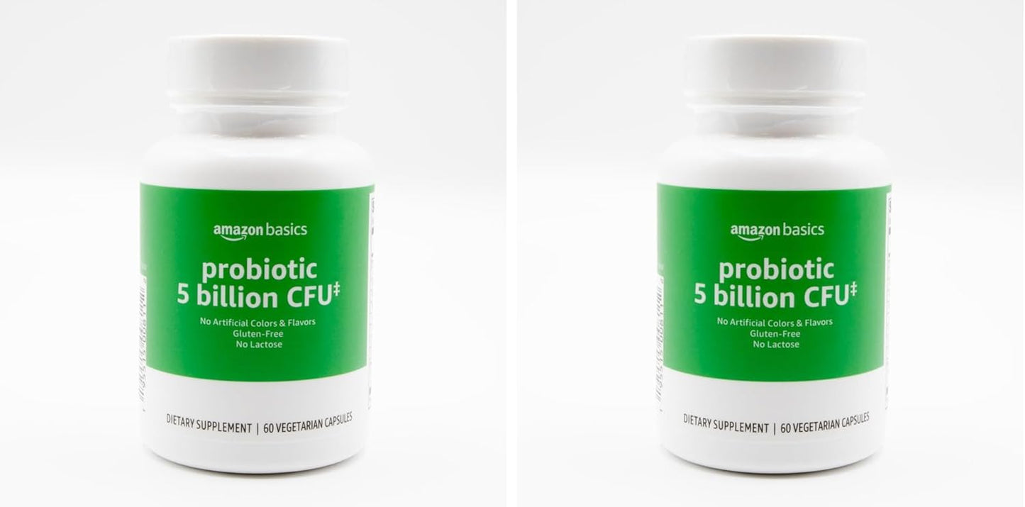 Amazon Basics Probiotic 5 Billion CFU, 8 Probiotic strains with 60 mg Prebiotic Blend, 60 Count Vegetarian Capsules, 2 Month Supply, Supports Healthy Digestion (Previously Solimo) (Pack of 2)