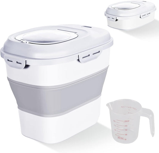 Cereal Rice Food Storage Containers, Collapsible 20 to 50 Lbs Dispenser Bin with Rolling Wheel Airtight Locking Lid, Dog Pet Cat Flour Sugar Plastic Leakproof Sealable Large Kitchen Pantry Holder