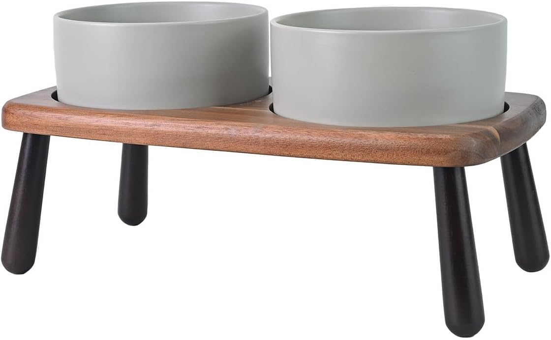 SPUNKYJUNKY Ceramic Elevated Dog Bowls Raised with Acacia Bamboo Wooden Stand, 6.1'' Dog and Cat Food Water Bowls Set Non-Slip for Small Medium Sized Breed Microwave Dishwasher Safe - 28.7 OZ,Grey