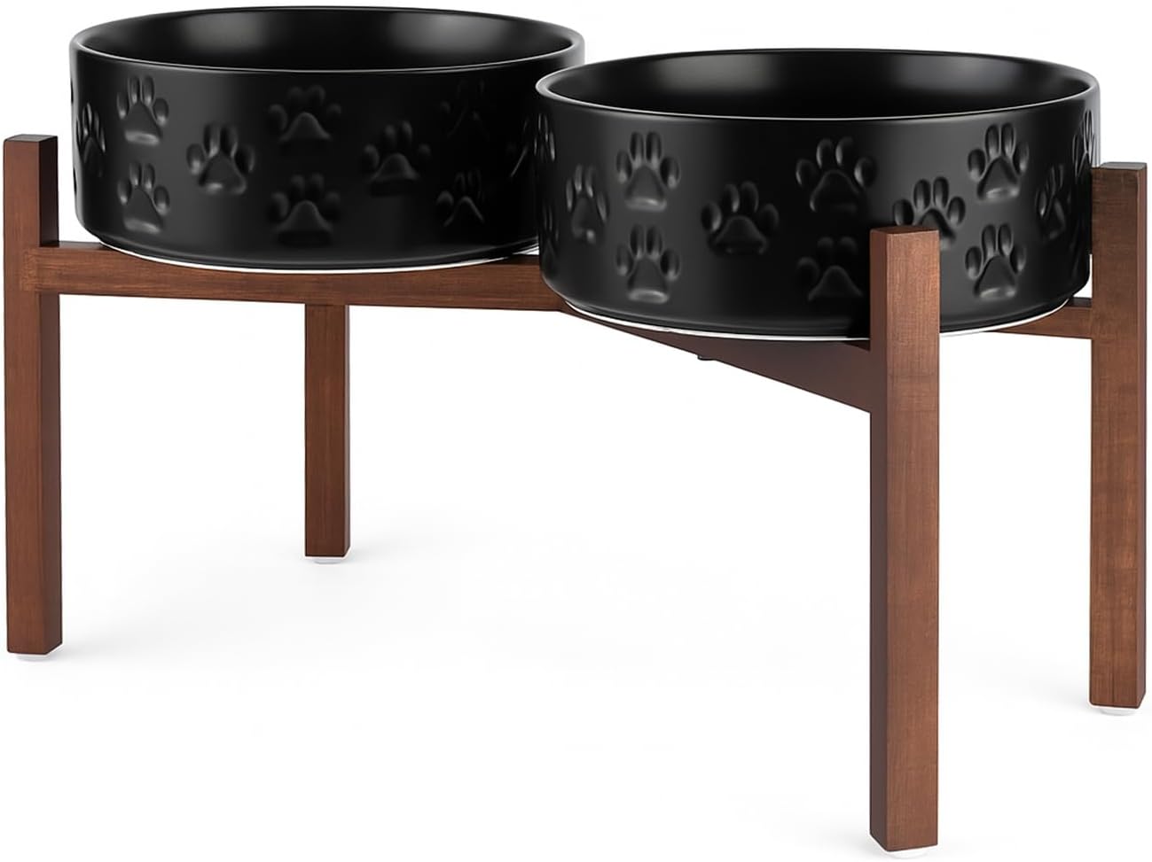 SPUNKYJUNKY Ceramic Elevated Dog Bowl Set with Acacia Wood Stand for Food and Water for Large Dogs (60.87 OZ, Black, Dog Paw Pattern)