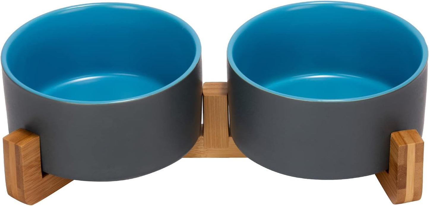 SPUNKYJUNKY Ceramic Dog and Cat Bowl Set with Wooden Stand, Modern Cute Weighted Food Water Set for Small Size Dogs (13.5OZ) & Medium Sized Dogs (28.7OZ) & Cats (3.6 Cups, 2 × Blue-Grey)