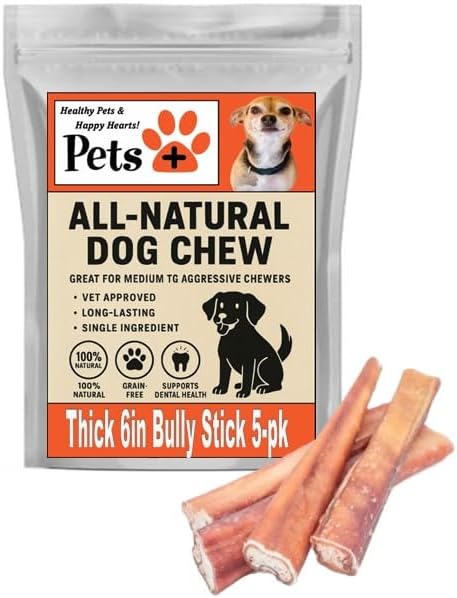 Pets Plus Premium Dog Treats – 5 Pack Thick Bully Sticks | All-Natural, Long-Lasting Dog Chews, High-Protein Healthy Treats for Small, Medium & Large Dogs