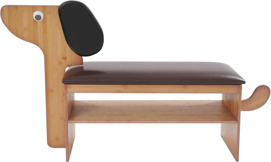 Cute Dog Shoe Bench with Cushion, 51.6”L x 11.8”W Puppy Shoe Storage Bench Dark Brown 2-Tire Bamboo Shoes Rack Bench for Entryway Living Room Hallway Bedroom 220Lbs Load Capacity
