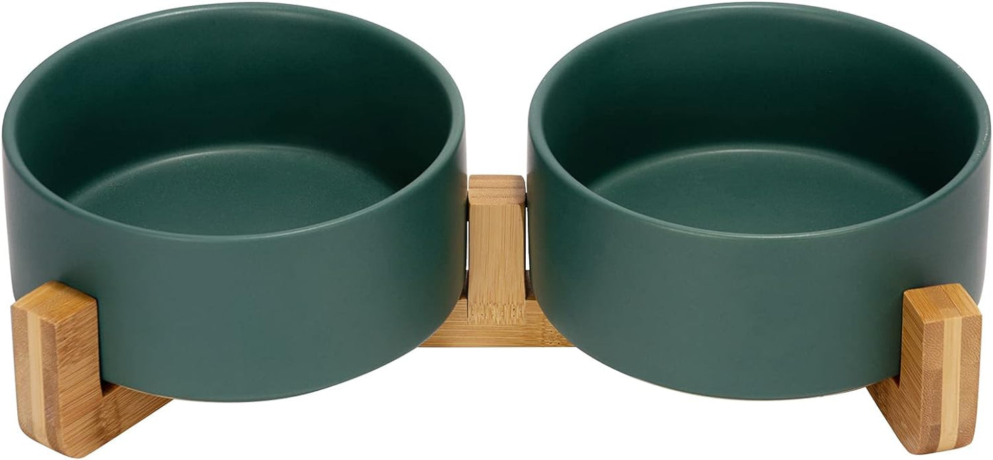 SPUNKYJUNKY Ceramic Dog and Cat Bowl Set with Wooden Stand, Modern Cute Weighted Food Water Set for Large Size Dogs (7.6 Cups, 2 × Green)
