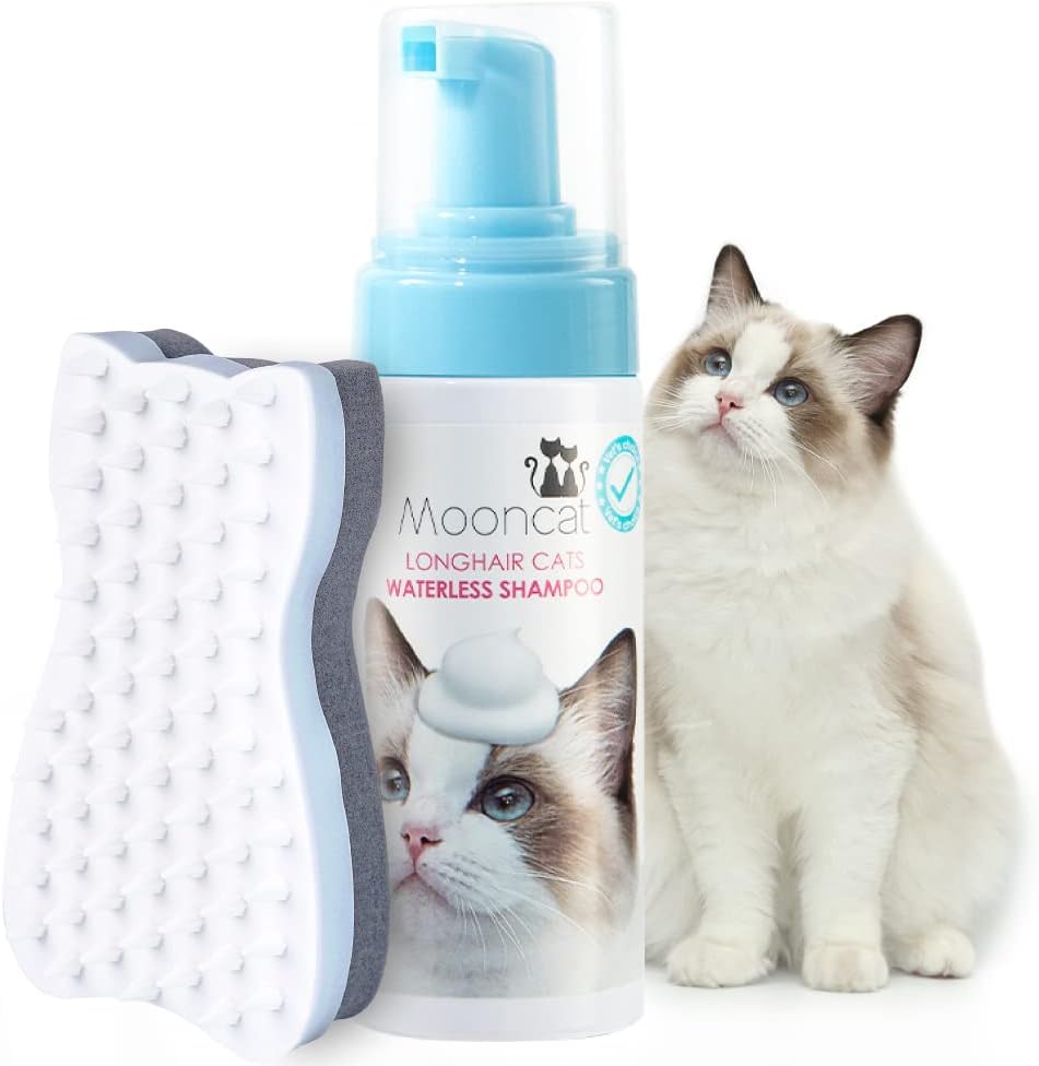 Mooncat Waterless Shampoo & Brush Kit for Longhair Cats | Complete Grooming System for Detangling, Deshedding & Matted Fur | Licking Safe No-Rinse Foam with Gentle Silicone Massager - Made in Taiwan